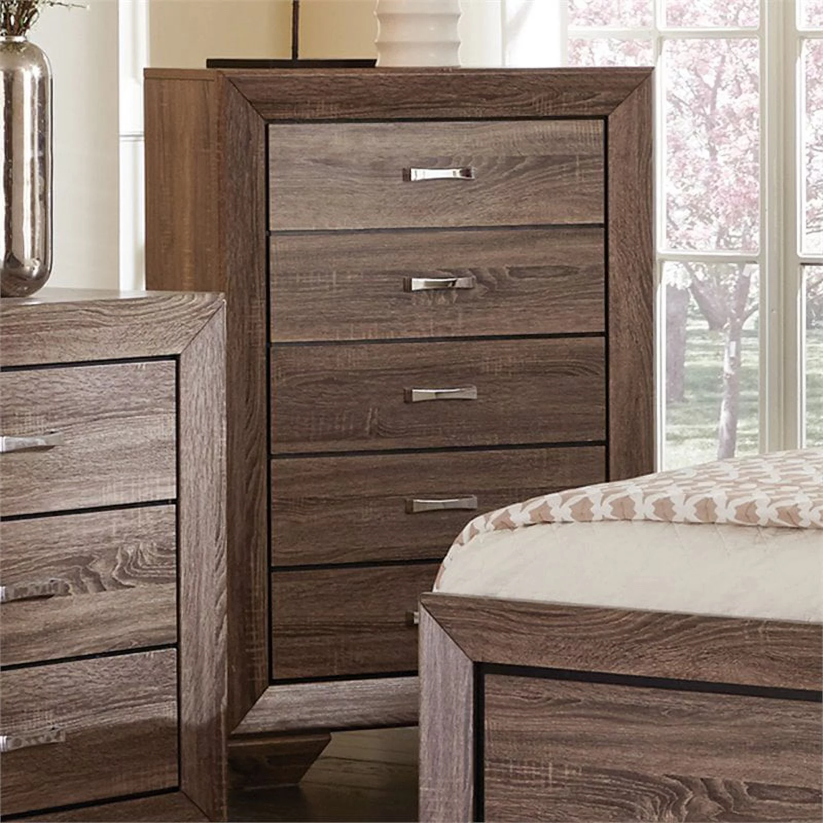Bowery Hill 5 Drawer Chest in Washed Taupe and Chrome