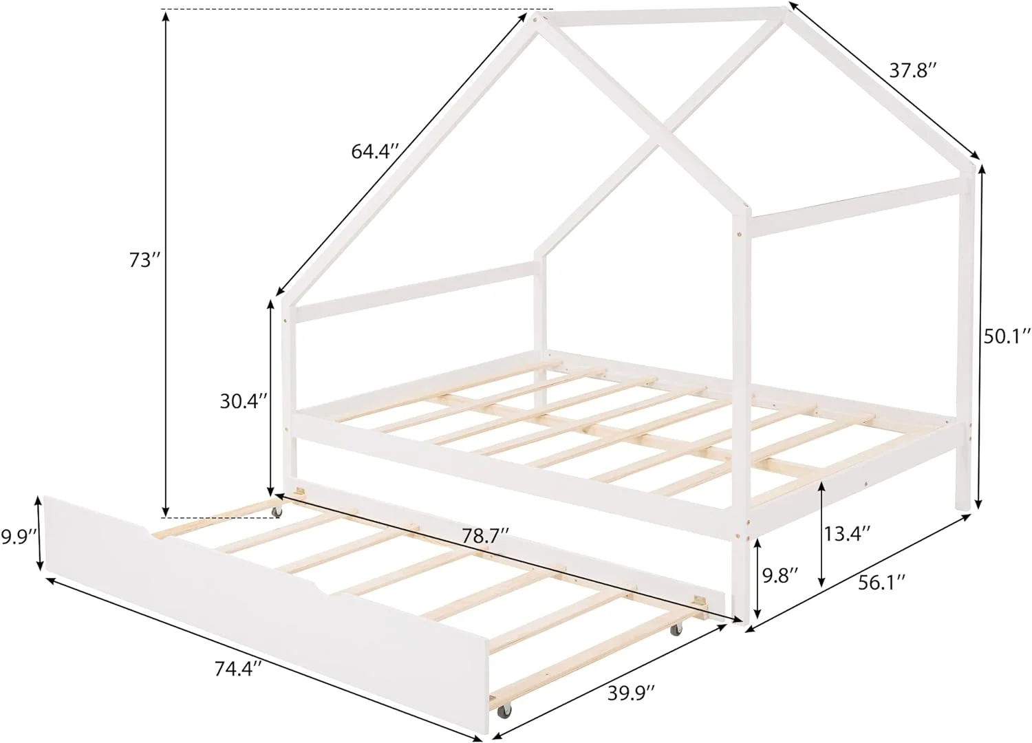 Full Size House Bed For Kids, Wooden House Bed Wih rundle Bed, Full Plaform Bed, House Daybed Frame For oddler/Kids/een (Full/, Whie)