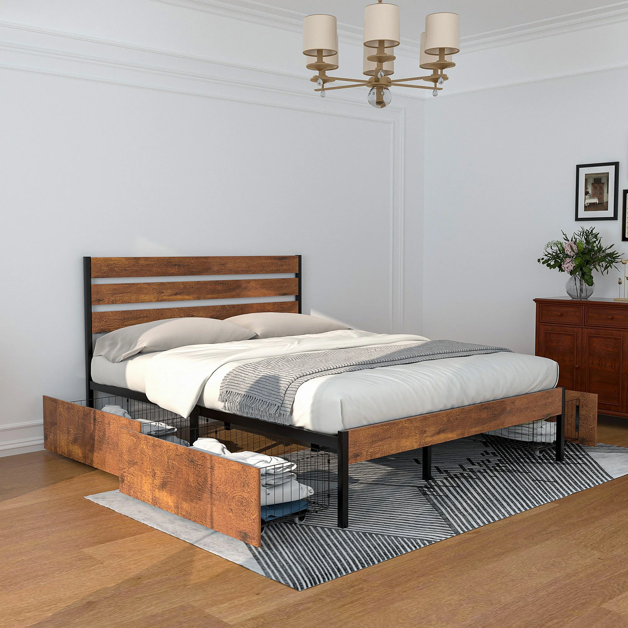 VECELO Queen Bed Frame with 4 Storage Drawers, Industrial Platform Bed with Wooden Headboard, No Box Spring Needed, Easy Assembly, Brown