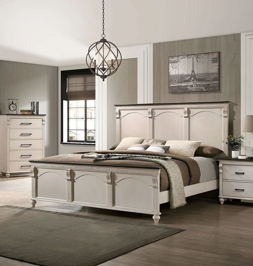 Cal King Size Bed 1pc Antique White Walnut Fluted Panels Headboard Footboard Bedroom Furniture Two Tone Solid wood Contemporary
