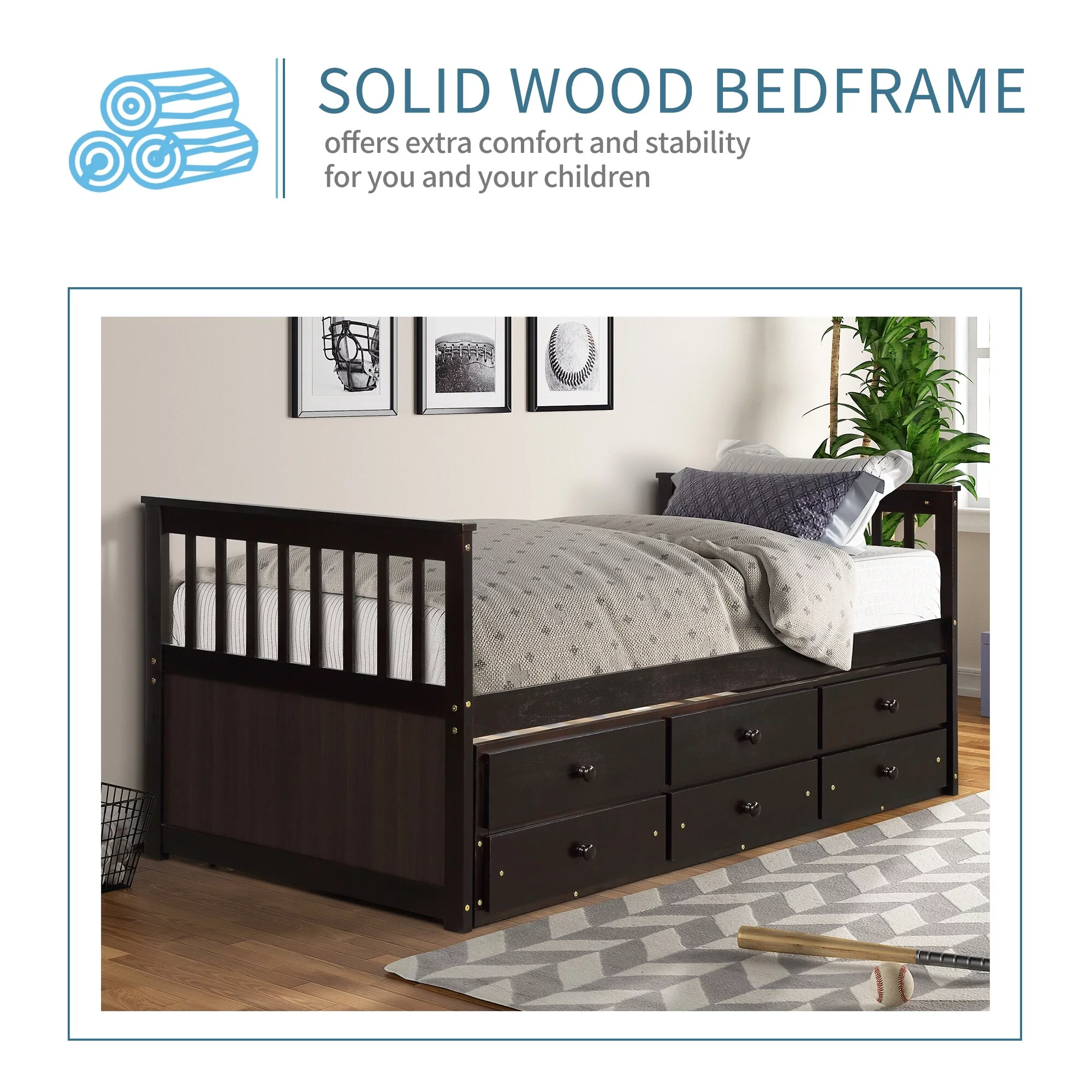 Espresso Captain's Bed Twin Daybed with Trundle Bed and Storage Drawers, No Box Spring Required, Easy Assembly