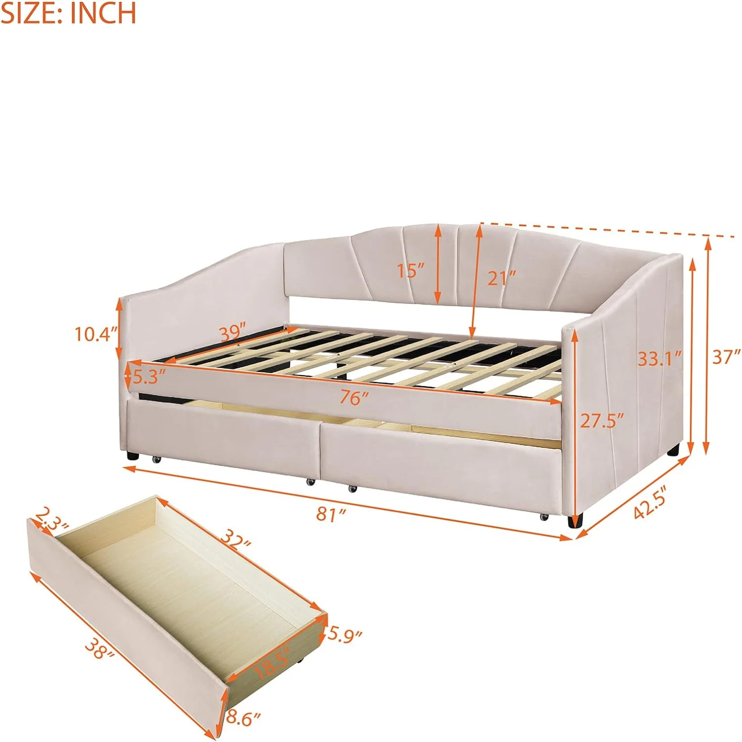Daybed With Storage Drawers Upholstered Sofa Bed Frame Velvet Beige Day Beds For Bedroom Living Room Guest Room