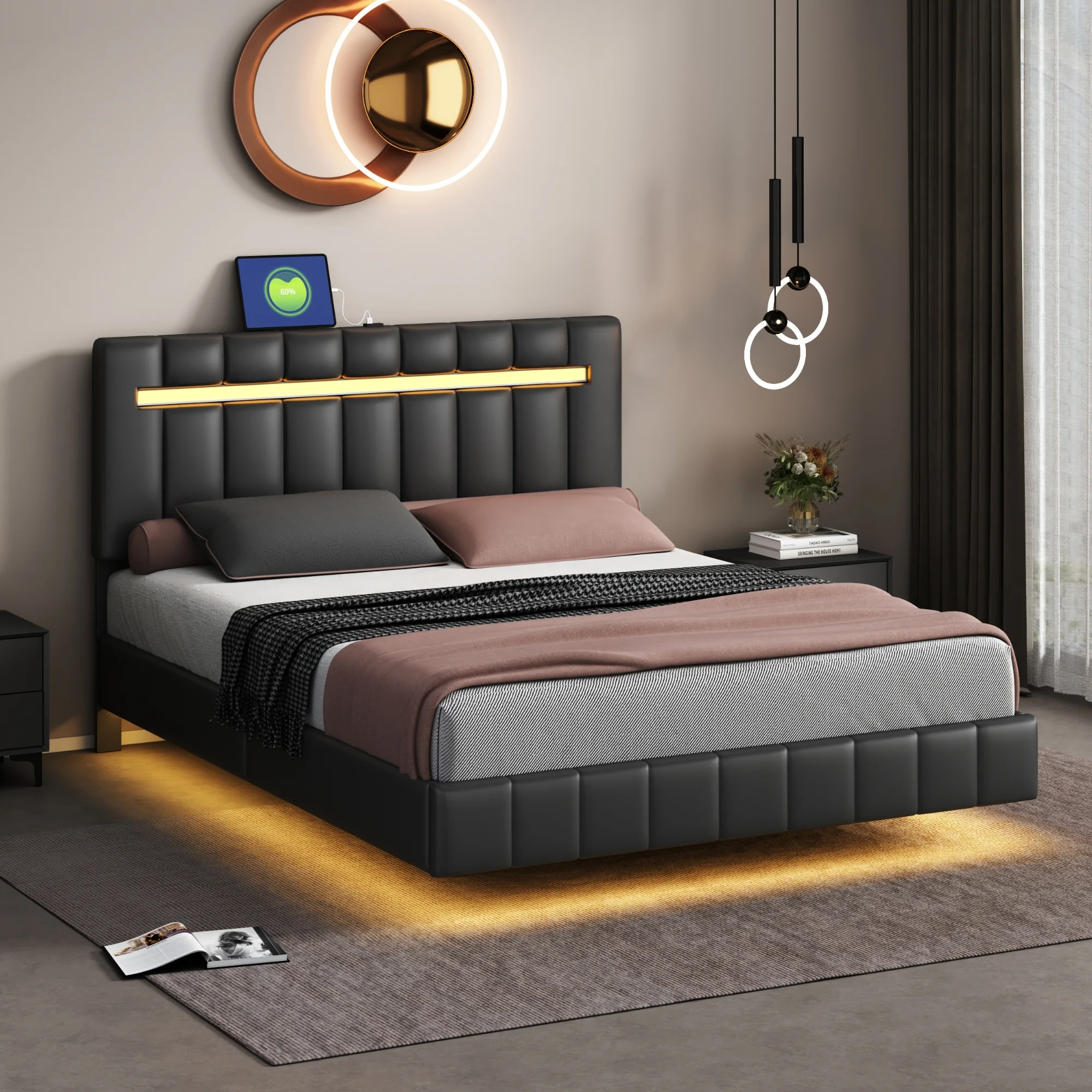 Queen Bed Frame with LED Lights and USB Charging Modern Floating Bedframe with Stylish Headboard for a Contemporary Bedroom-Black