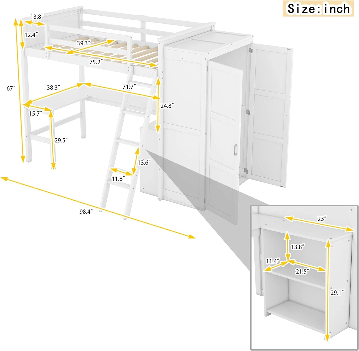 Size Lof Bed Wih Desk Ad Wardrobe, Woode High Lof Beds Frame Wih Sorage Shelves & Close For Kids,ees,Aduls,Whie