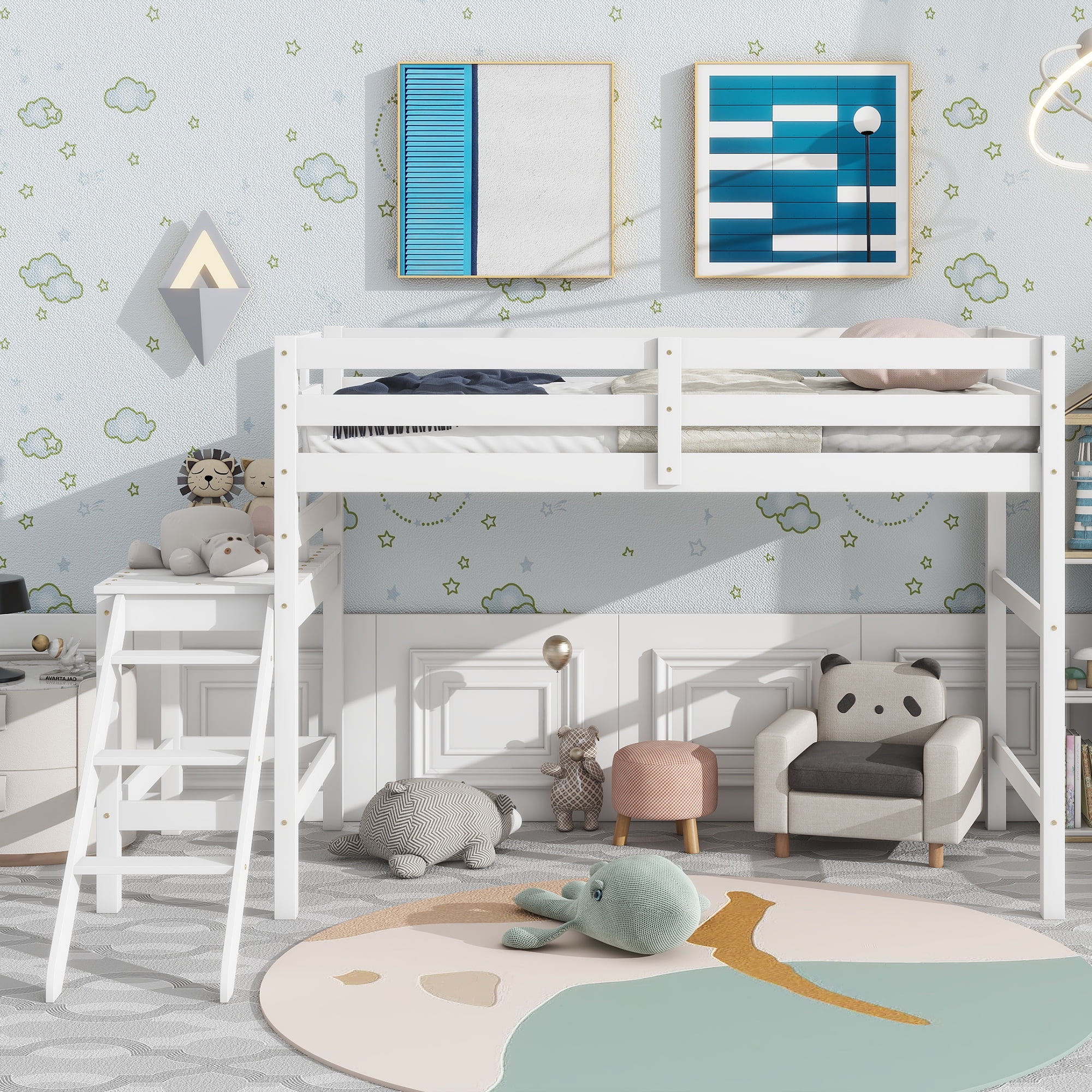 Gewnee Pine Wood Twin Size Loft Bed with Platform, Ladder and Safety Guardrails for Kid's Room,White