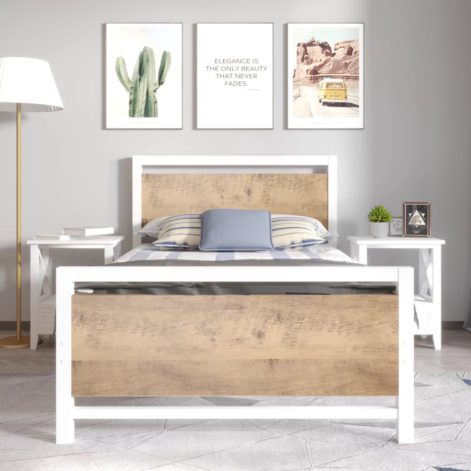 Twin Platform Metal Bed Frame with Wooden Headboard and Footboard, Rustic Country Style Mattress Foundation, White/Brown