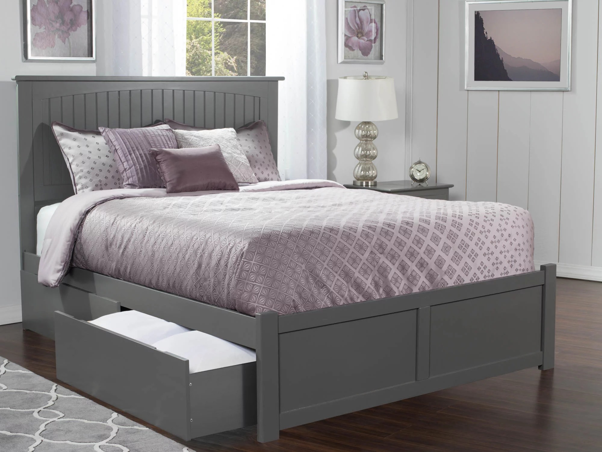 Nantucket Platform Bed with Flat Panel Foot Board and 2 Urban Bed Drawers, Multiple Sizes, Multiple Colors