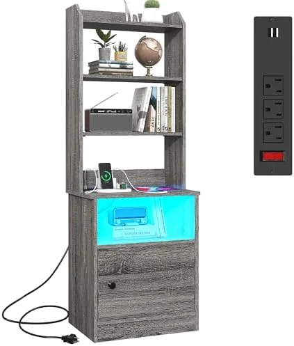 RUNFAYBIU Nightstand with Charging Staion & LED Light Bedside Table with Bookshelves and Cabinet for Living Room Bedroom Home Office (Oak Gray)