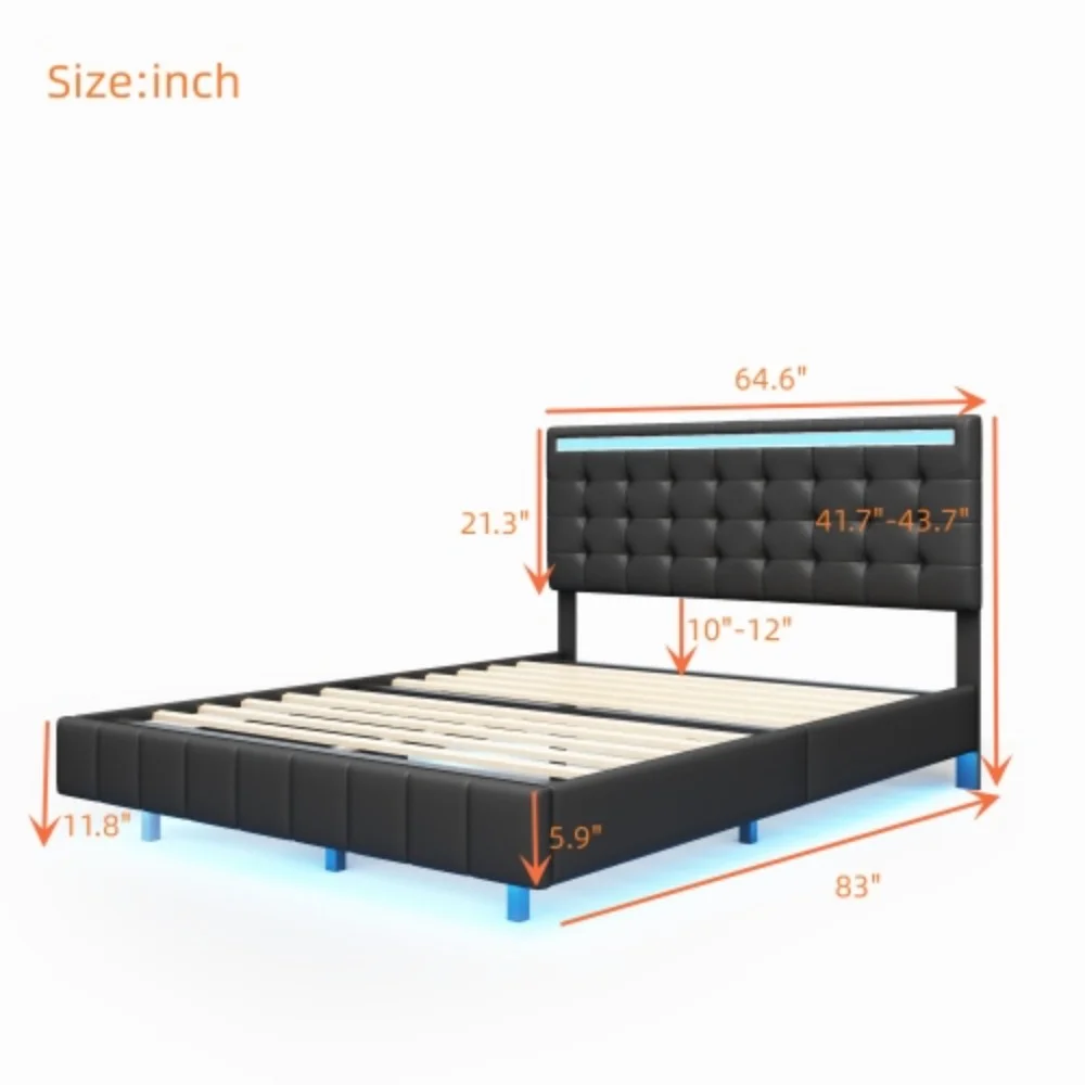 Queen Size Floating Bed Frame with LED Lights and USB Charging,Modern Upholstered Platform LED Bed Frame,Black  Black + PU
