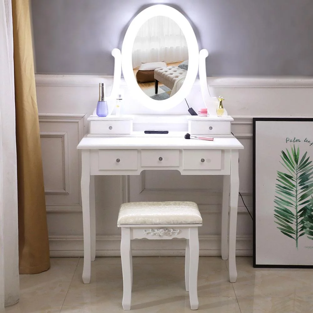 UBesGoo Dressing Table with Lighted Mirror,Vanity Set with Mirror & Cushioned Stool,Makeup Table 5 Drawers for Bedroom,White