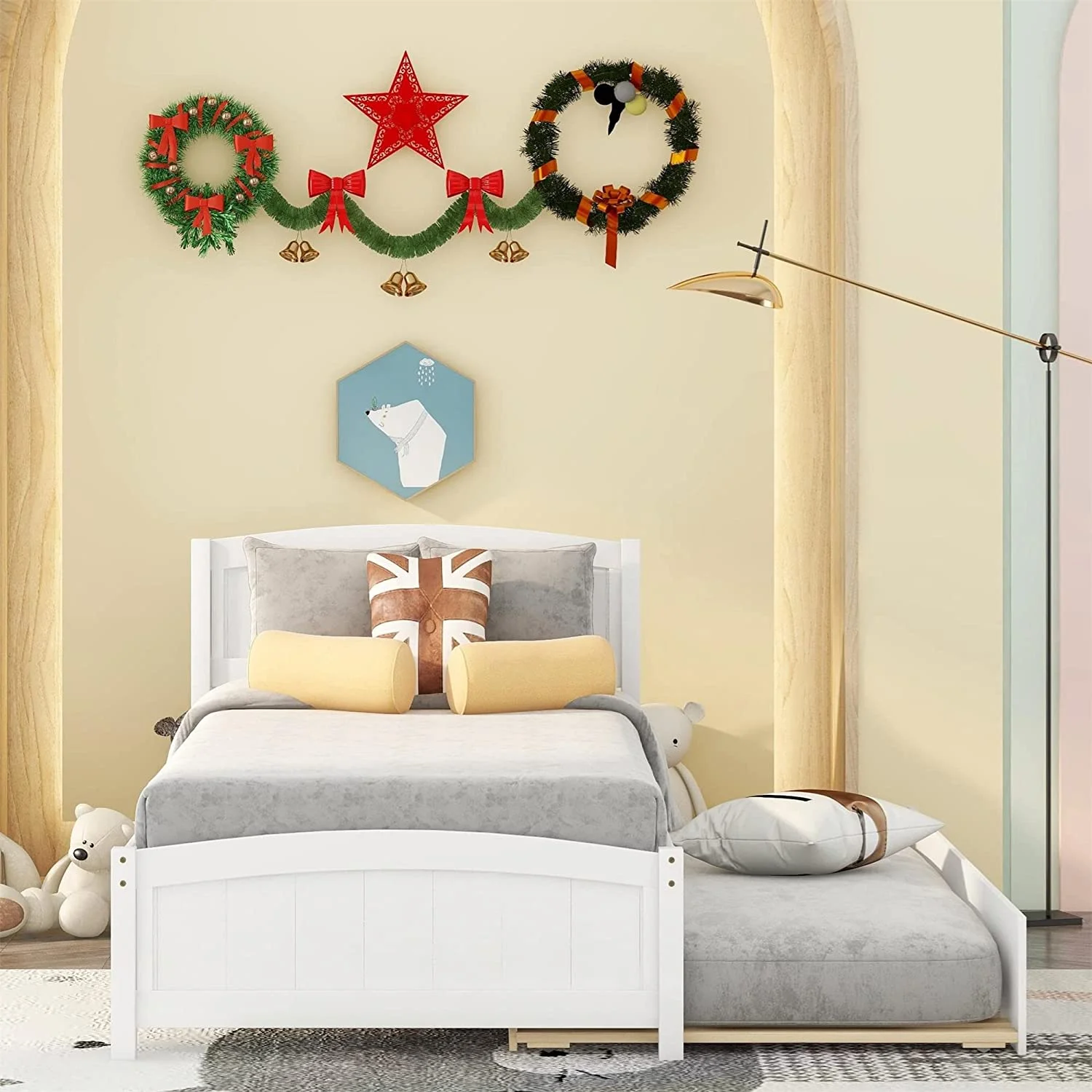 Bed Frame With Trundle, Wood Bed With Headboard, Size Platform Bed With Pull Out Trundle For Kids, Guest Room, Small Living Space, No Box Spring Needed, White