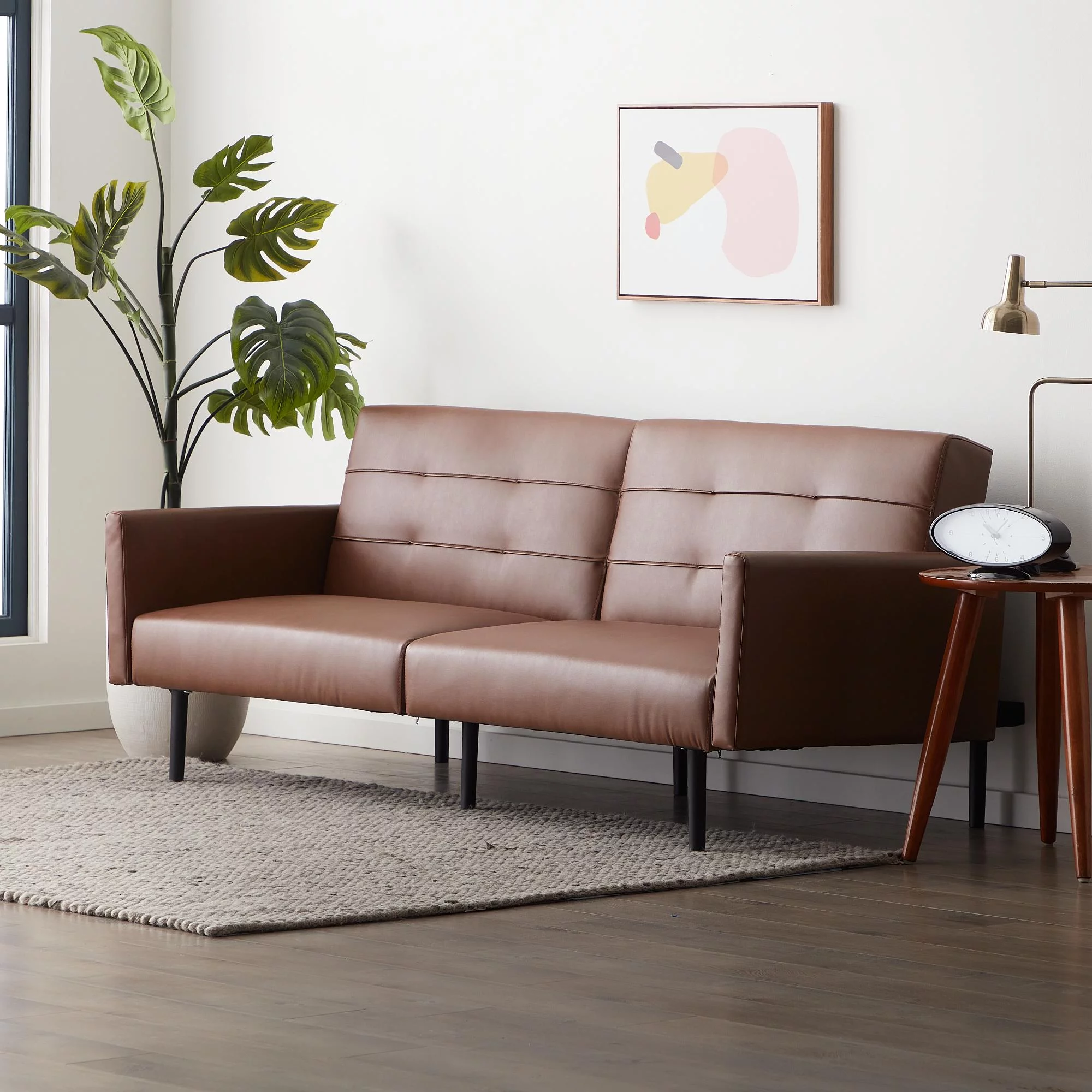 Mayview Sofa Bed with Buttonless Tufting and Removable Arms, Brown Faux Leather