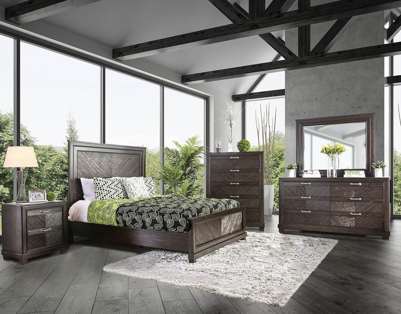 Transitional Espresso Solid Wood Queen Bedroom Set 6pcs FOA CM7315 Argyros