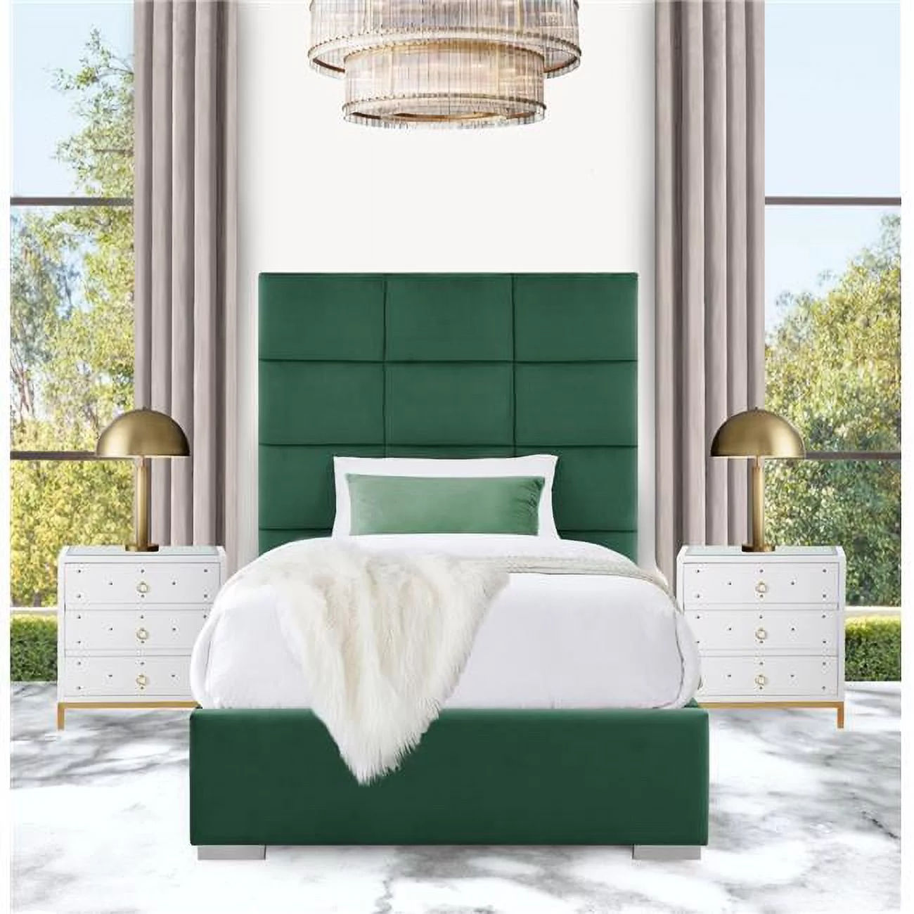 Chic Home 55.5 x 46 x 83.75 in. Mezzo Storage Platform Bed Frame with Velvet Upholstered Box Quilted Headboard, Dark Green - Twin Size
