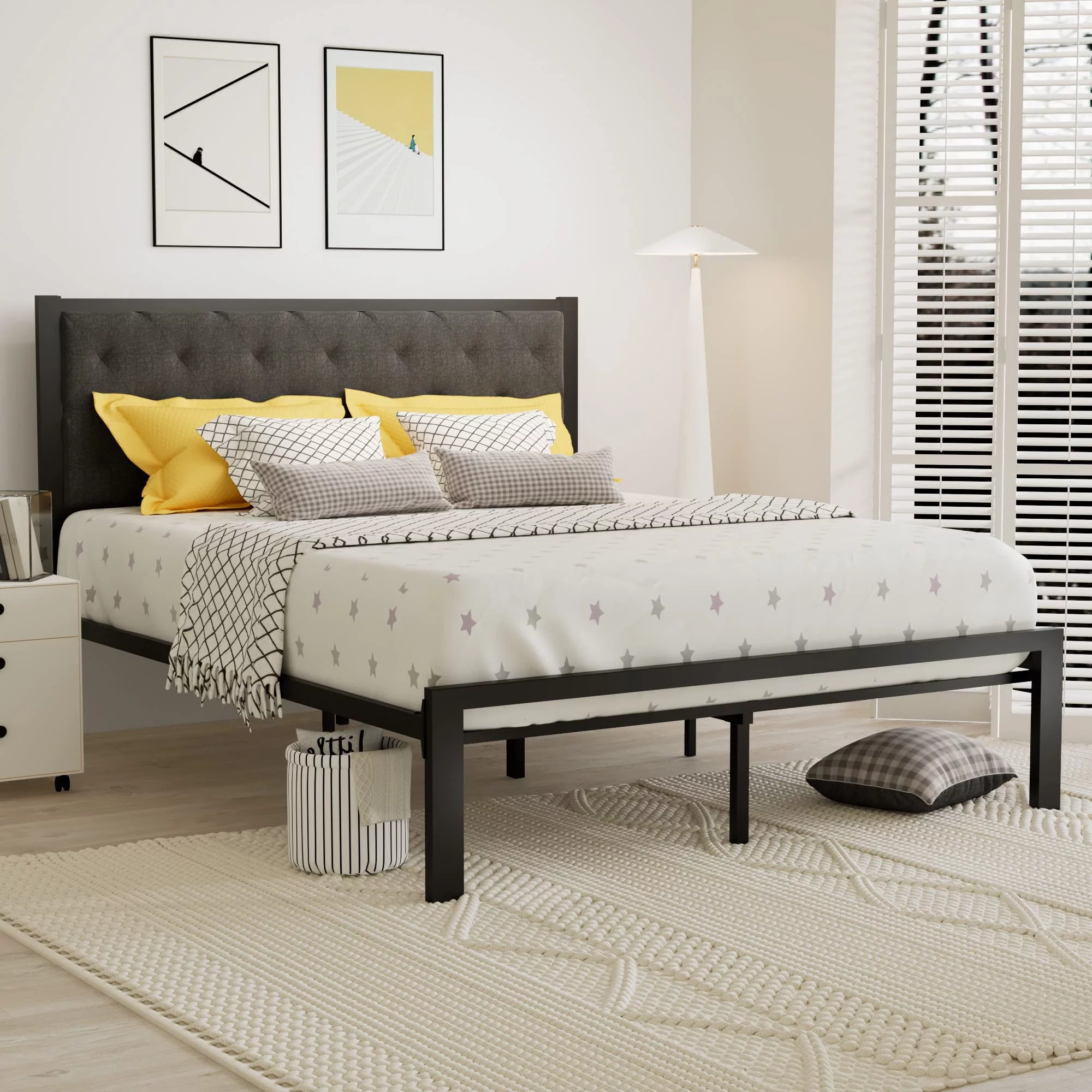 Einfach Full Size Platform Bed Frame with Button Tufted Headboard, Grey