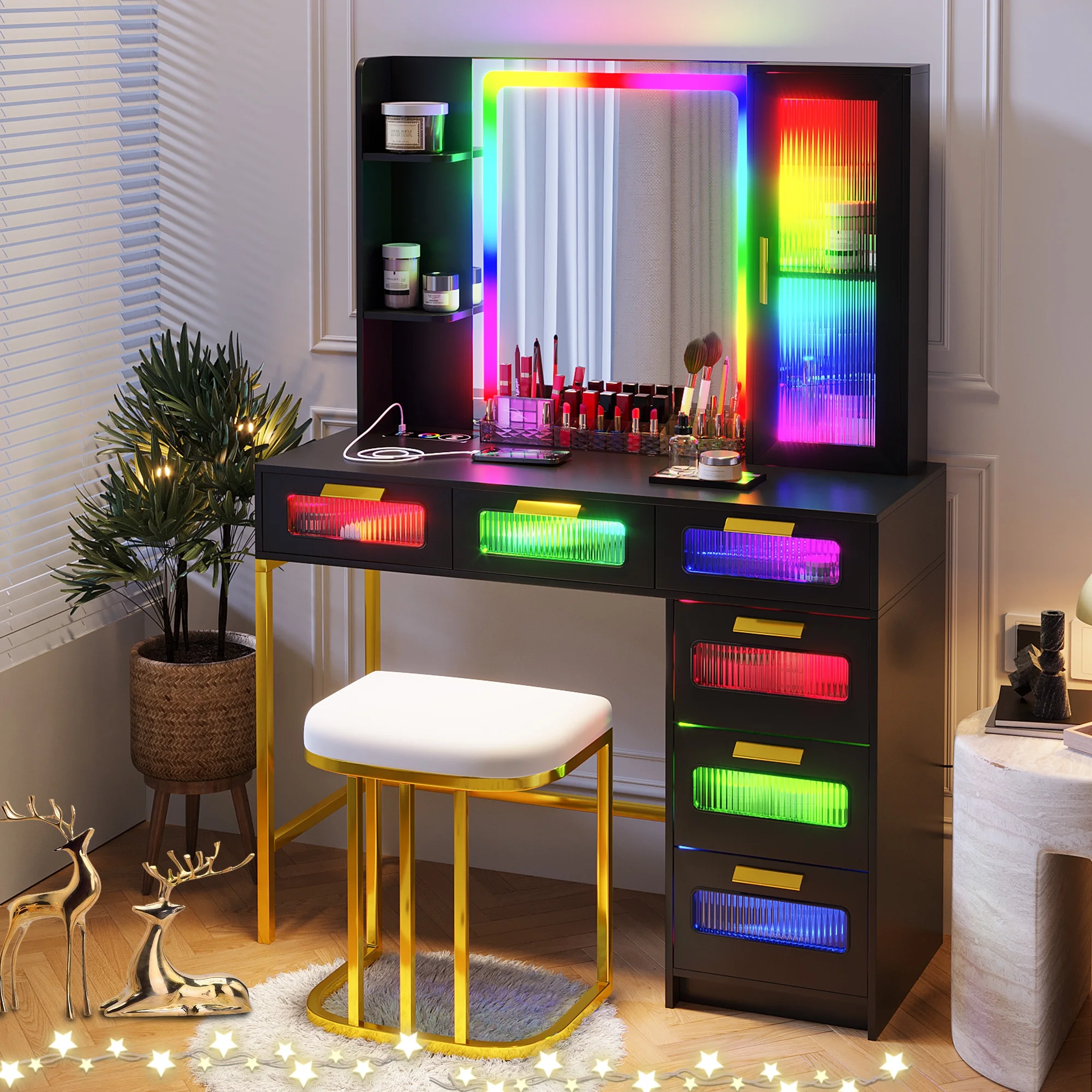 HNEBC RGB Vanity Desk with Dazzling Lights and Mirror, Makeup Vanity Set with USB/Type-C/Wireless Charging, Vanities Dressing Table as a for Women, (6Drawers, Black)