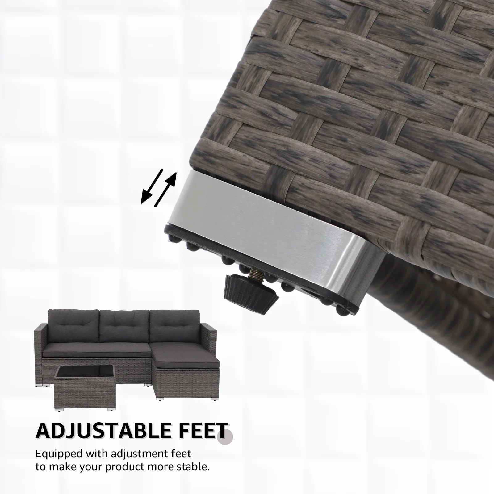 OC Orange-Casual 5-Piece Outdoor Sectional Sofa Set with Glass Coffee Table Grey Rattan & Dark Grey Cushion