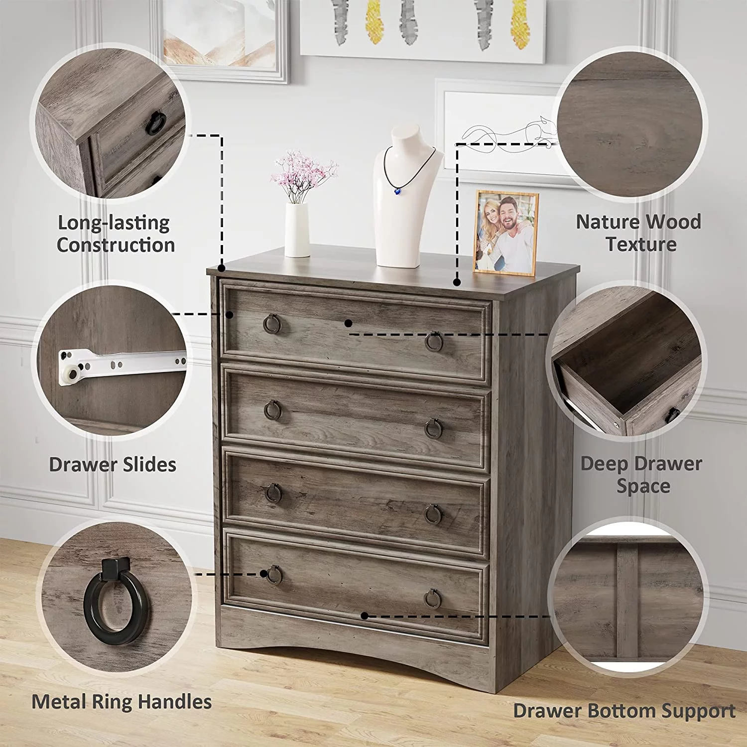 Duerer Gray Drawer Dresser, Modern Chest Organizer with 4 Drawers for Bedroom Living Room Hallway, Gray Wash