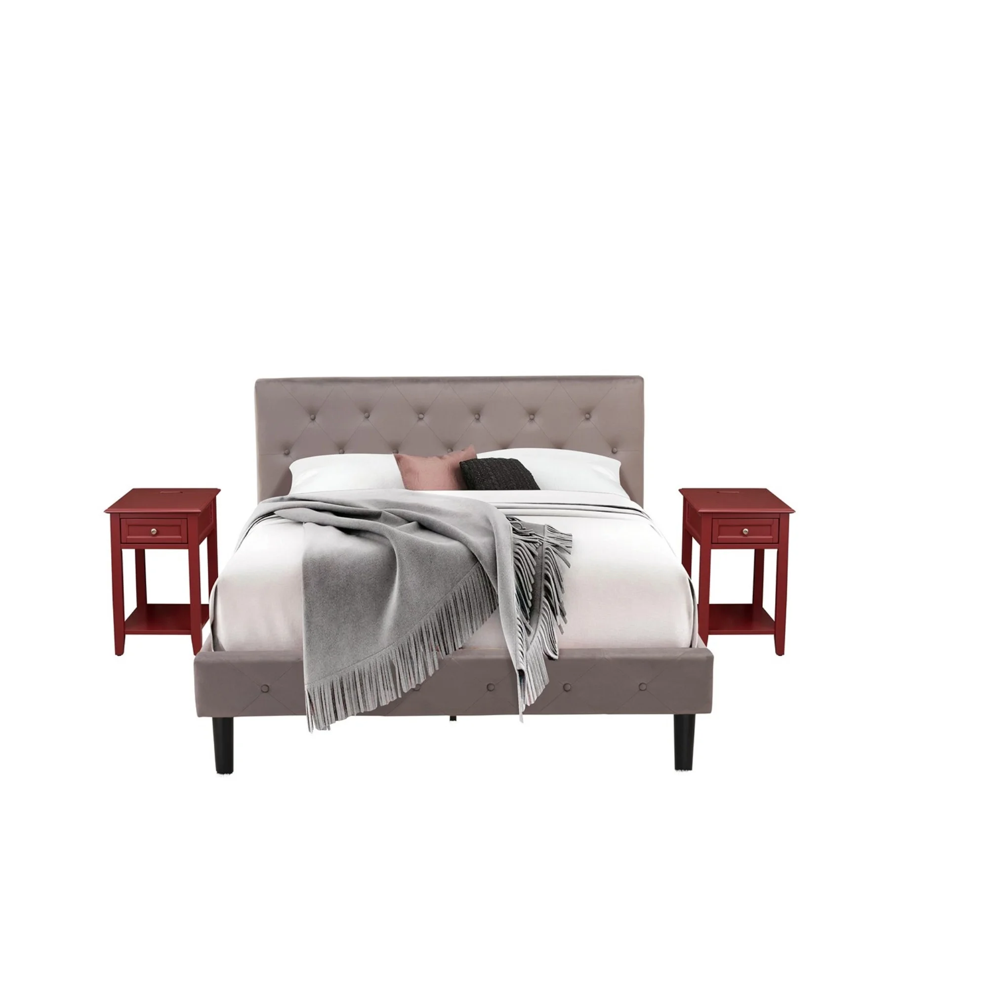 East West Furniture Nolan 3 Pieces Wood Queen Bedroom Set in Brown/Burgundy
