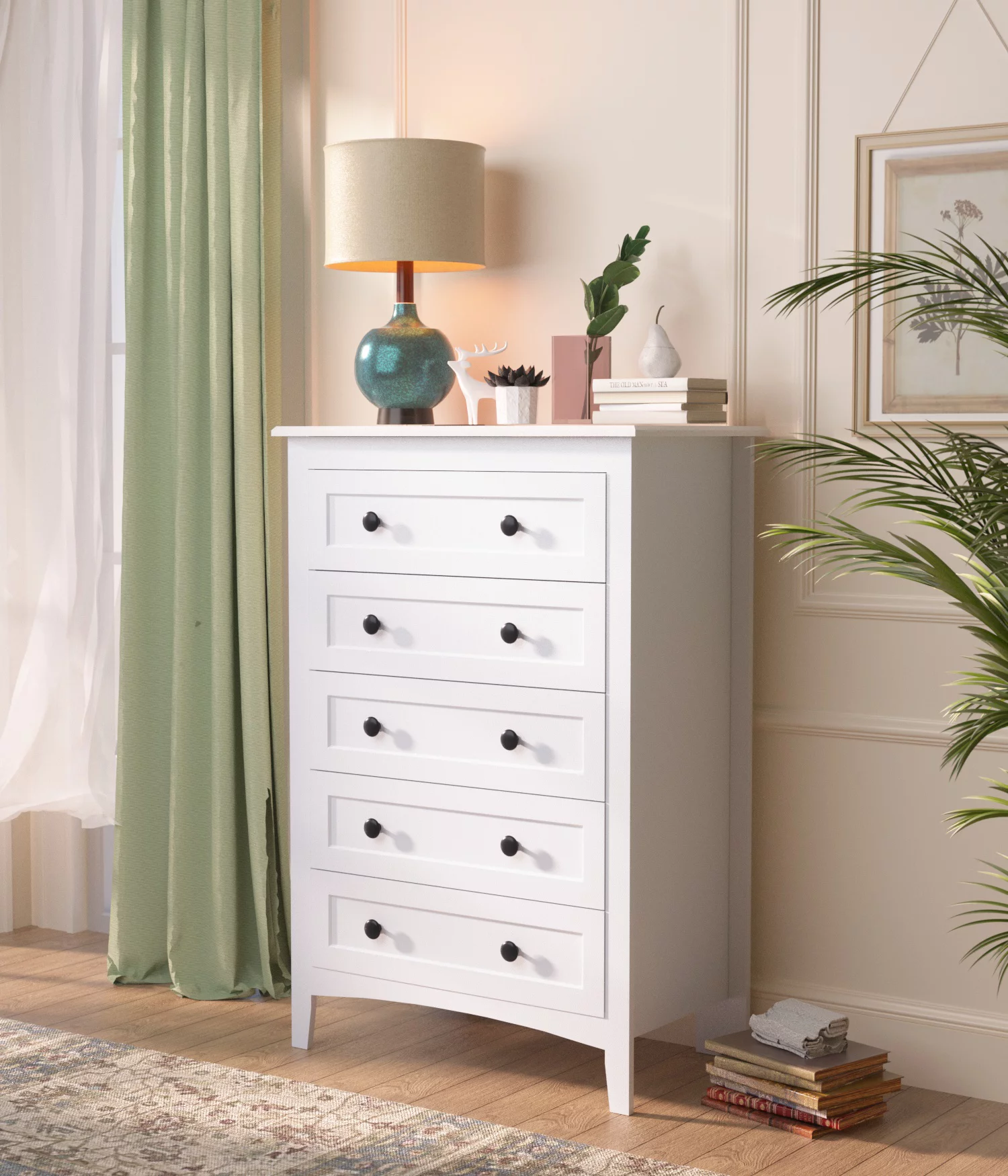 HAIOOU 5 Drawer Chest for Bedroom with Power Outlets, Wooden Large Storage Chest of Drawers and Storage Drawers Modern White