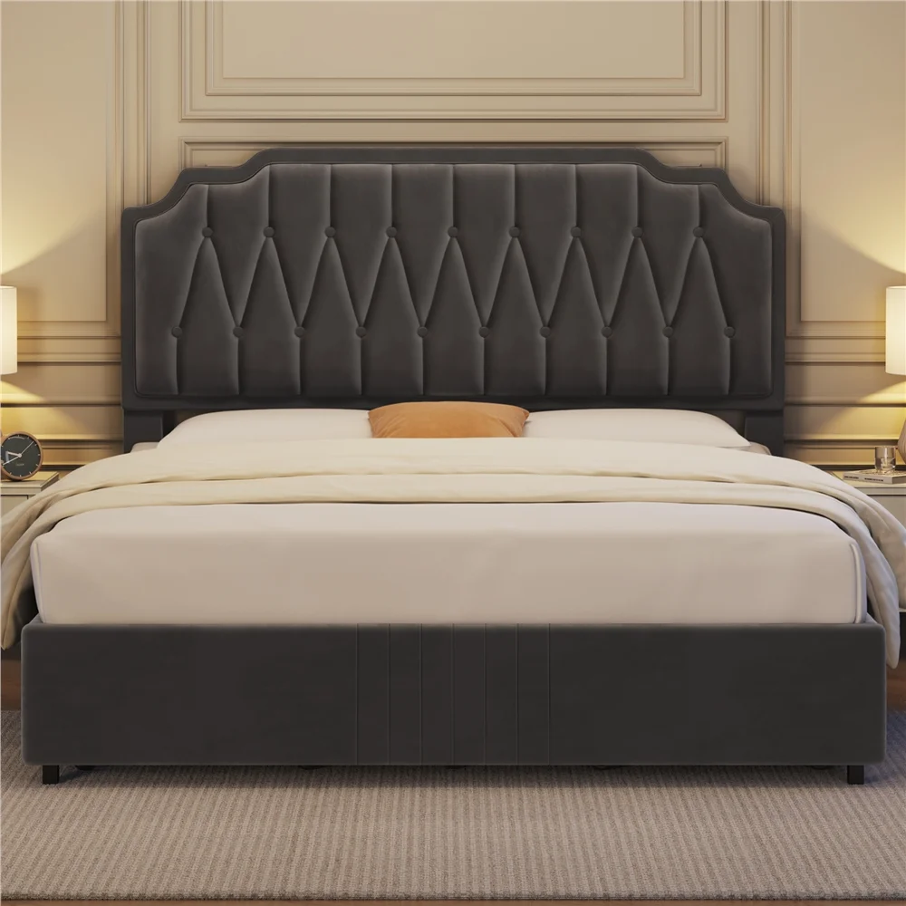 Easyfashion Upholstered Platform Bed Frame with Adjustable Headboard,Queen,Dark Gray