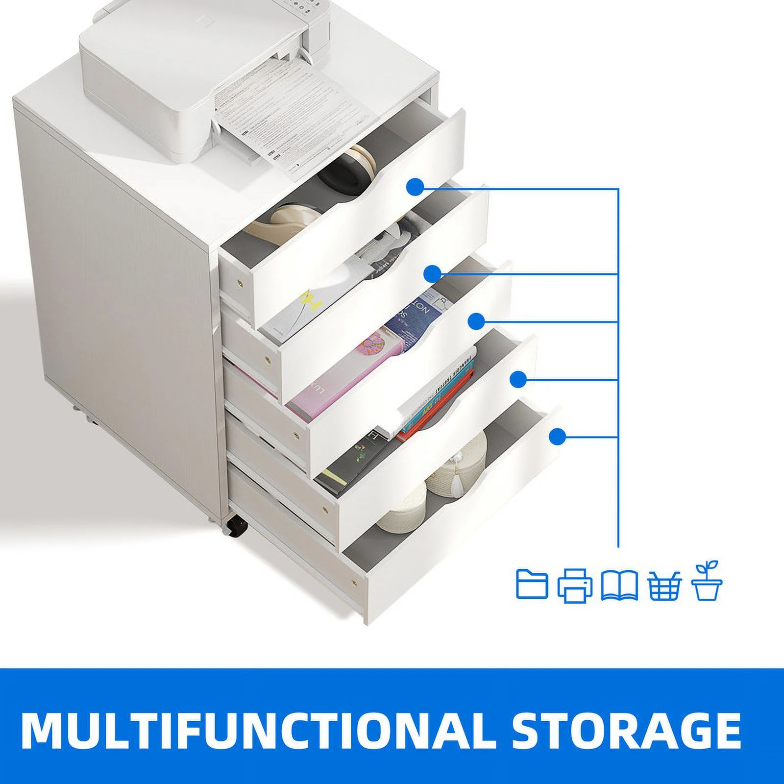 Dextrus 5 Drawer Mobile File Cabinet , Wood Filing Cabinet, Chest of Drawer, Rolling Storage Cabinet for Home Office, White