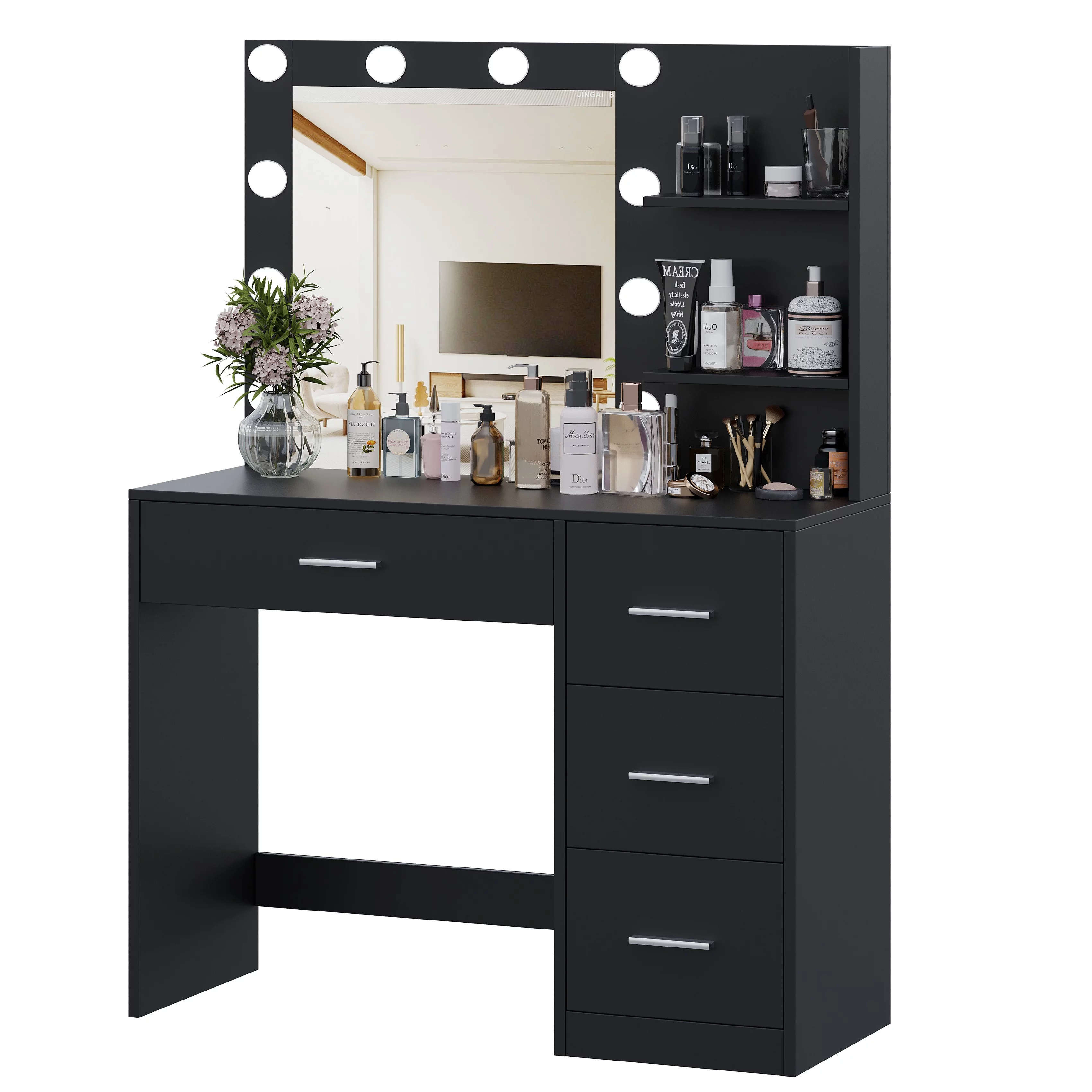 Rovaurx Makeup Vanity Table with Lighted Mirror, Makeup Vanity Desk with Storage Shelf and 4 Drawers, Bedroom Dressing Table, 10 LED Lights, Black RSZT104B