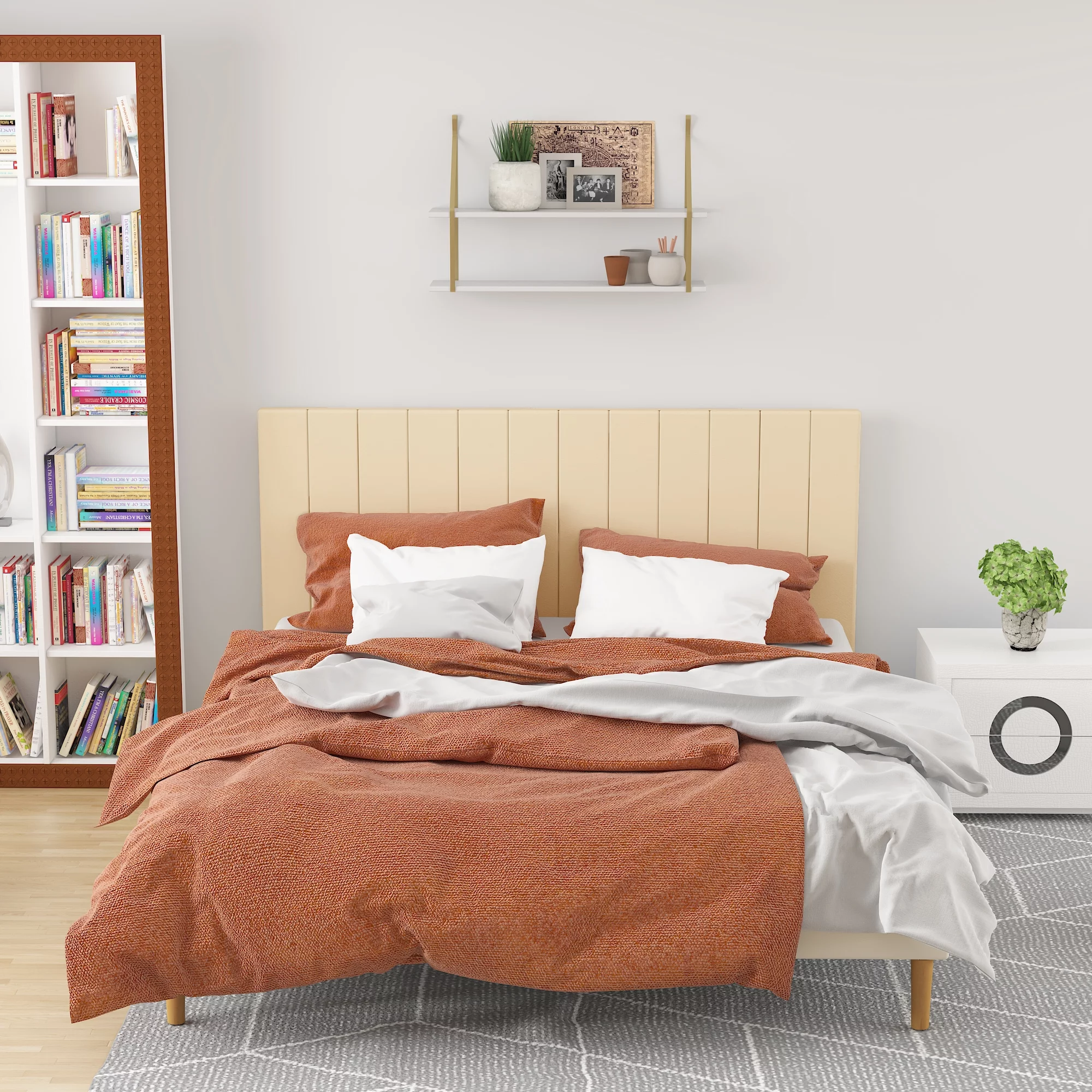 Luxury Queen Size Wood Slat Bed Frame 800 lbs Capacity with PU Leather Headboard Beige