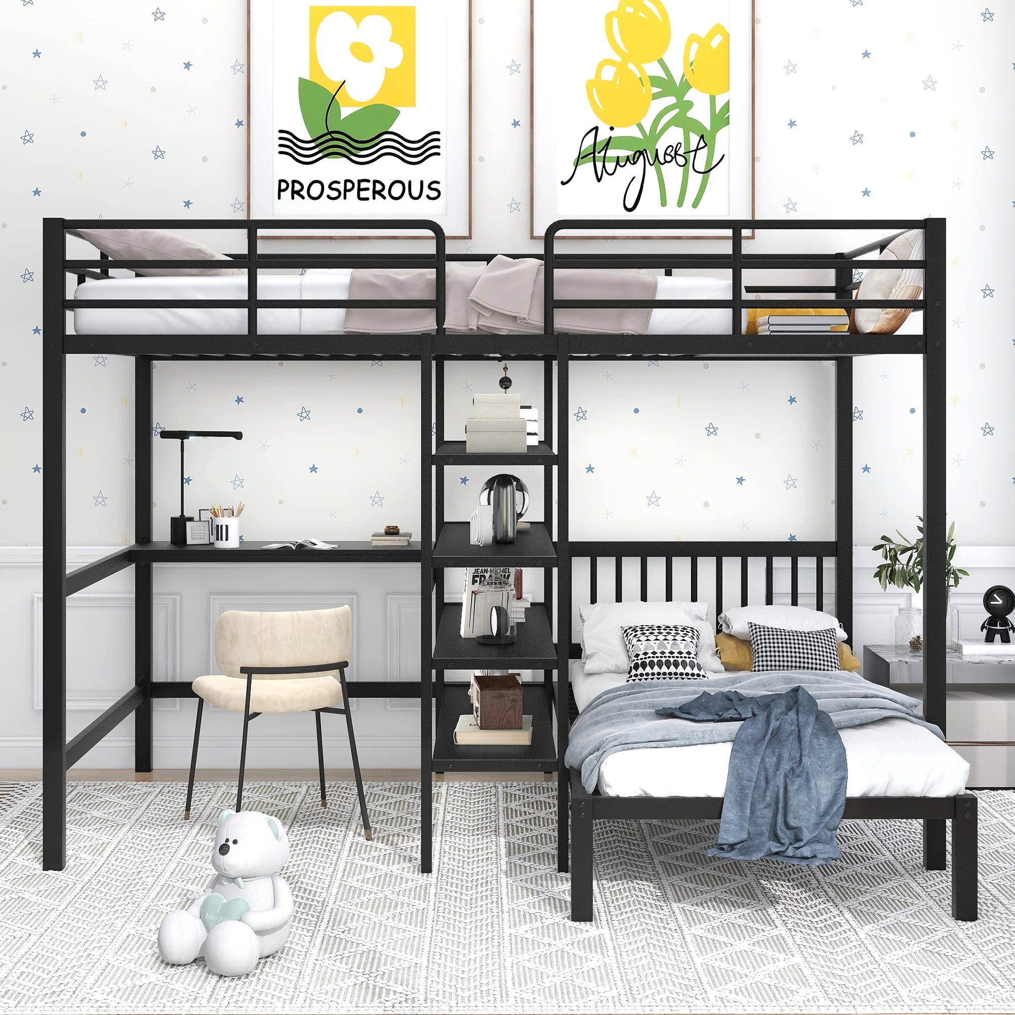 Euroco Full over Twin Bunk Bed, Twin Platform Bed and Full Loft Bed, Built-in Desk and Shelf, Heavy Duty Metal Bed, Storage Bookcase for Kids Teens Adults, No Box Spring Needed