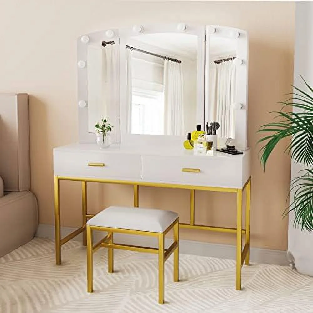 KHBIULIFE Makeup Vanity Desk with 3 Mirrors 10 LED Light Bulbs Vanity Set with 2 Large Drawers and Cushioned Stool Gold Metal Frame Dressing Table Dresser Desk for Women Girls Bedroom  Bl