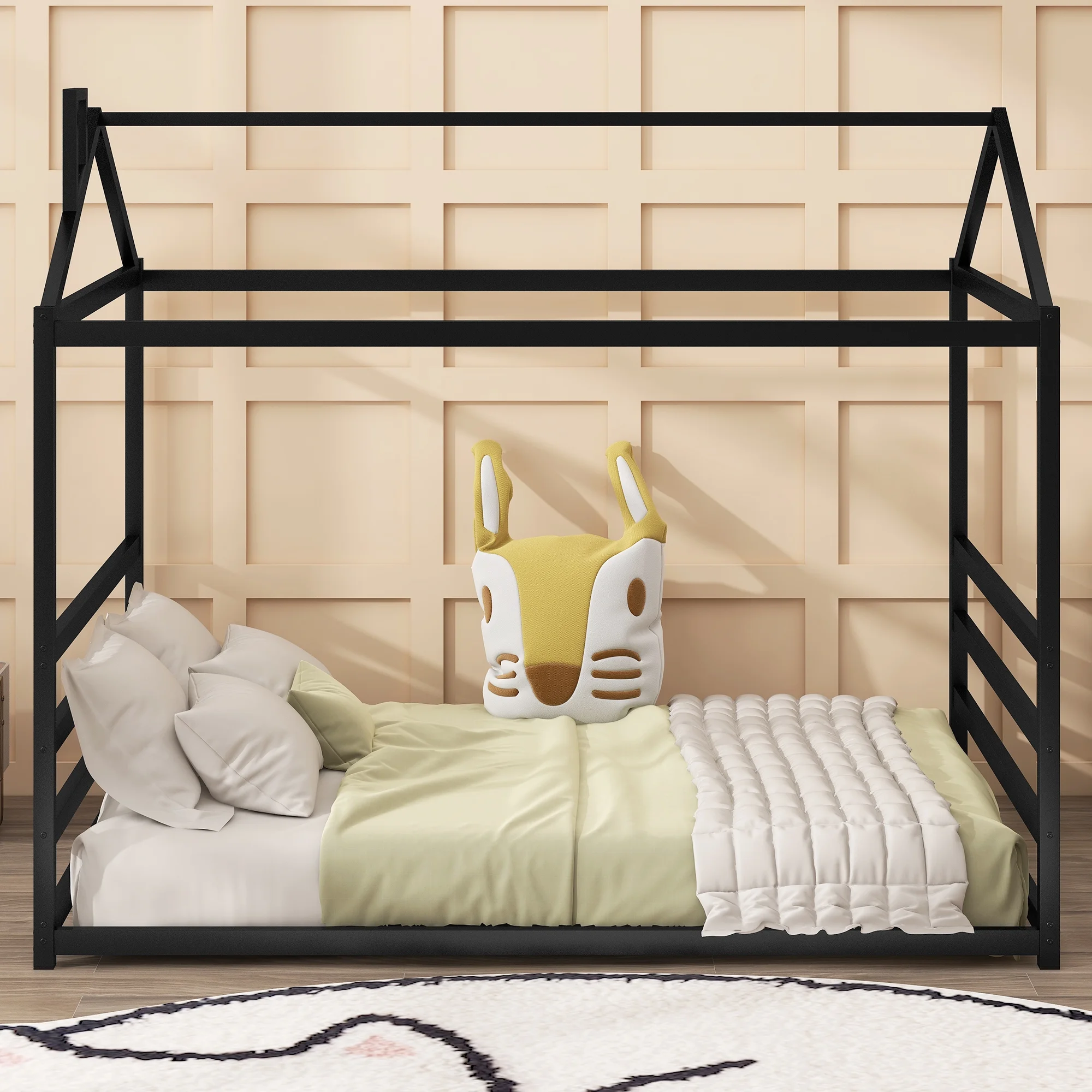 Euroco Metal Queen Size House Platform Bed with Roof and Chimney Design, Low Profile Daybed for Kids Teens Adults, Queen Size Canopy Bed, Black