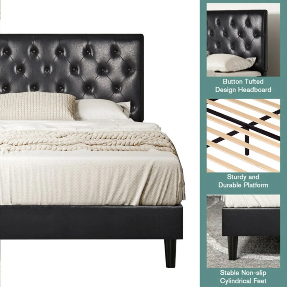 King Size Platform Bed Frame with Button Tufted Headboard, Black