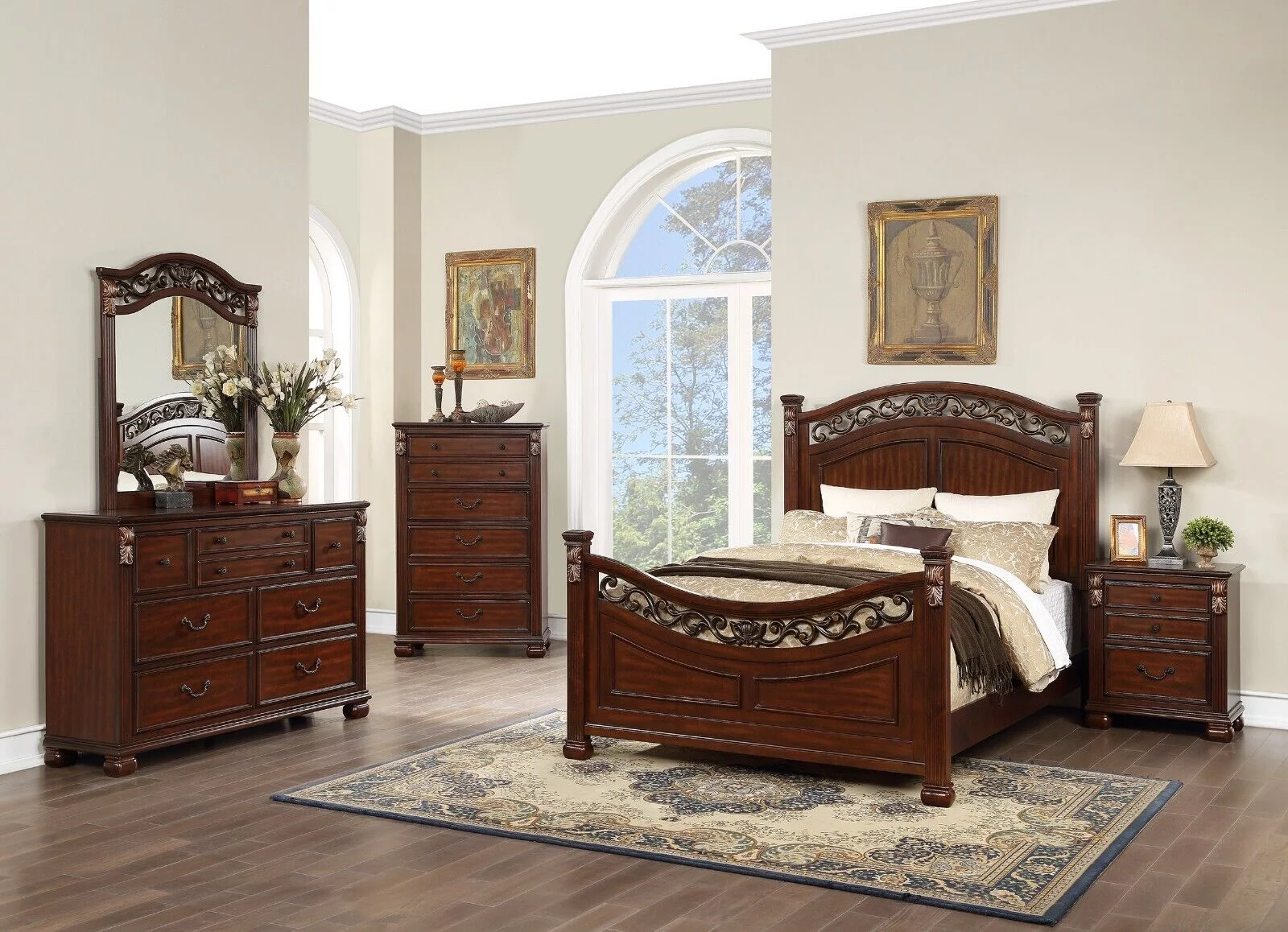 Elegant Traditional Eastern King Bed Dresser Mirror Nightstand Brown Finish 4pc Set Bedroom Furniture Gorgeous Headboard