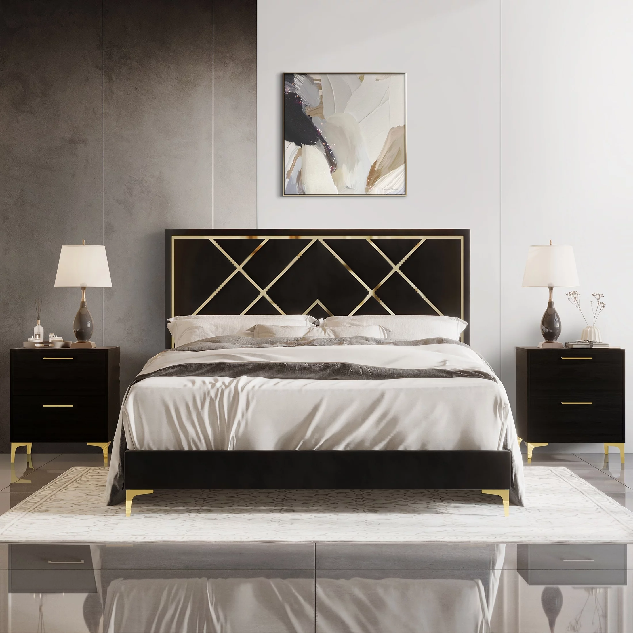 CraftPorch 3 Piece Bedroom Nightstands Set Velvet Upholstered Bed Navy Blue - King