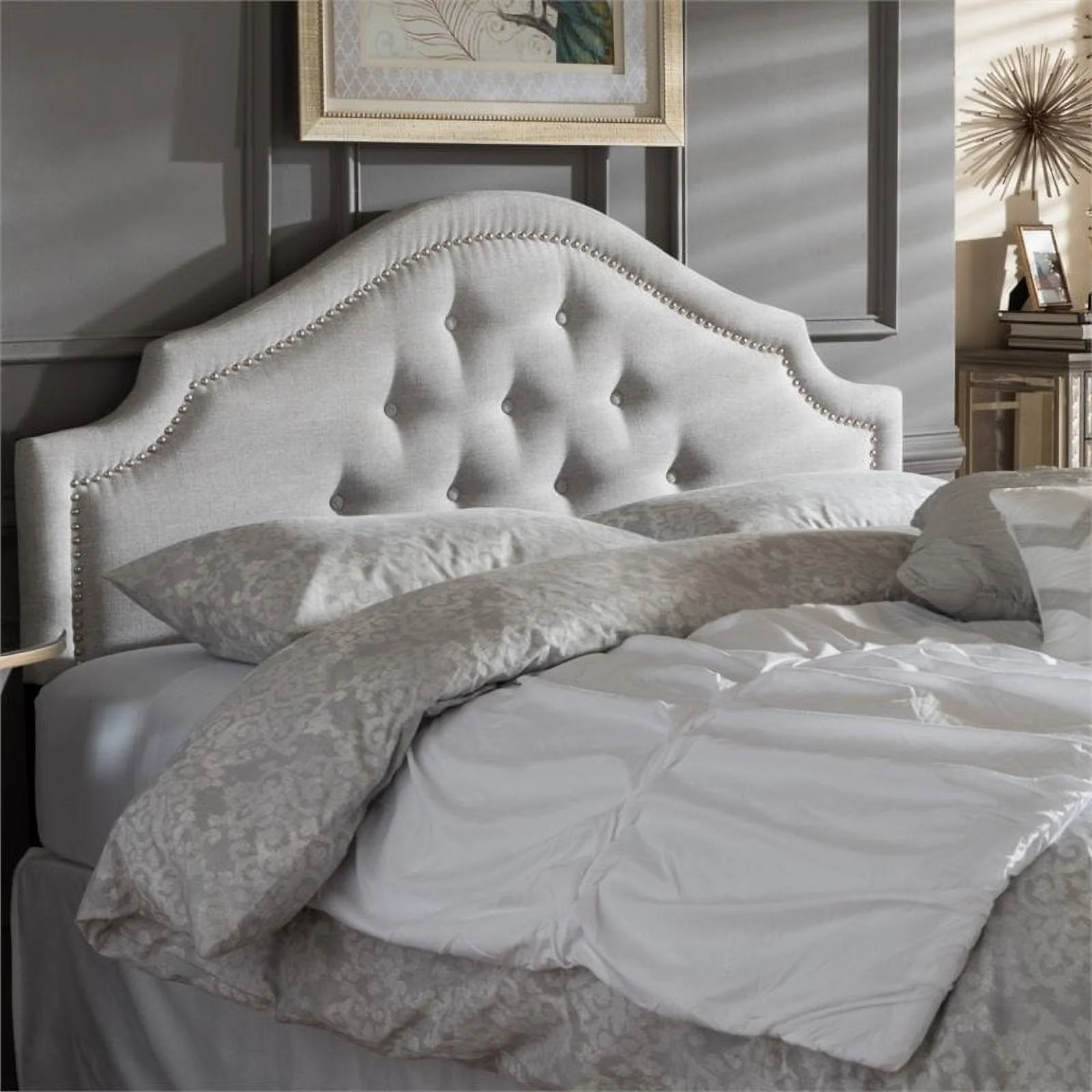 Bowery Hill Modern Fabric Upholstered Queen Headboard in Beige