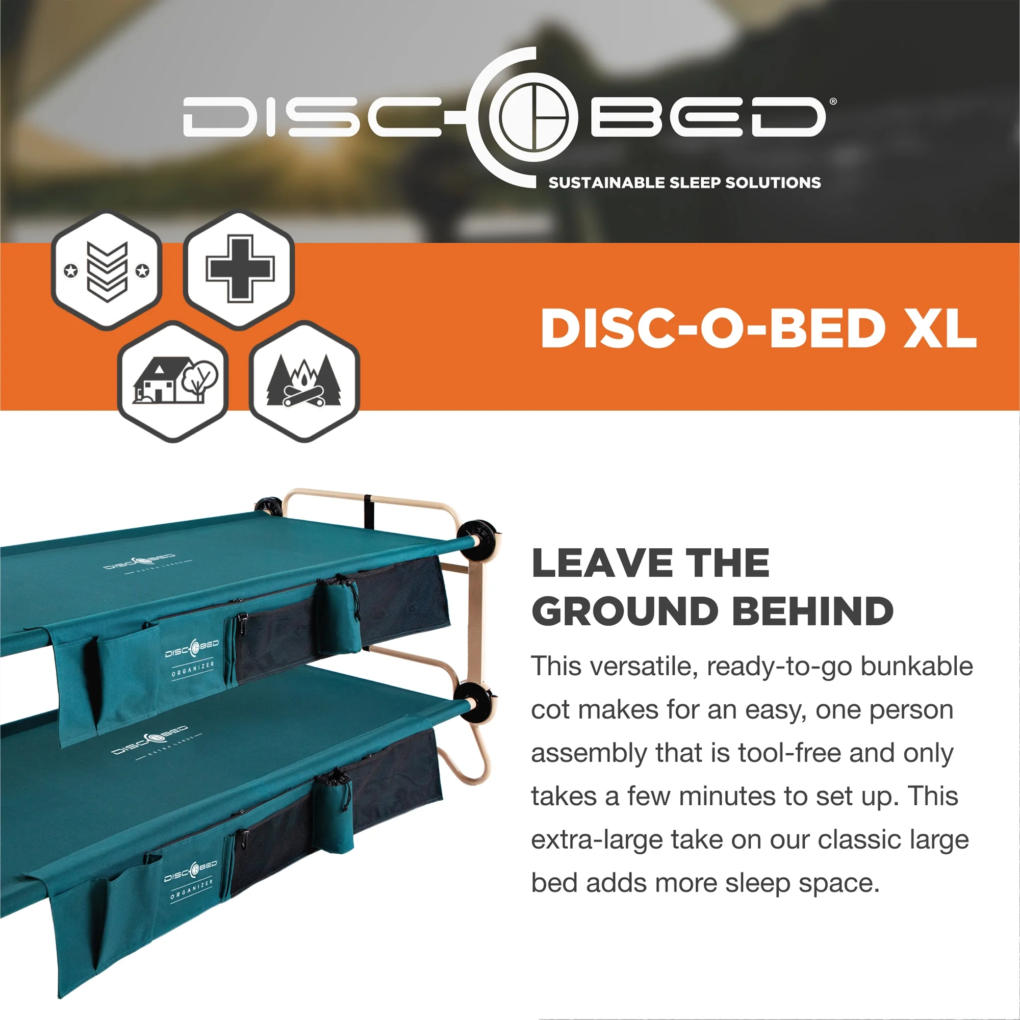 Disc-O-Bed XL Cam-O-Bunk Benchable Double Cot w/Organizers, Green