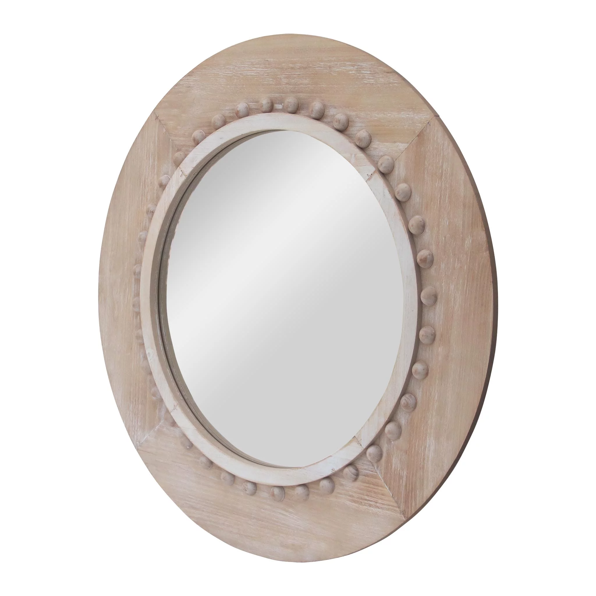 Parisloft Farmhouse Round Wood Wall Mirror, Natural Wood and White Color,  35.375 inch Dia.
