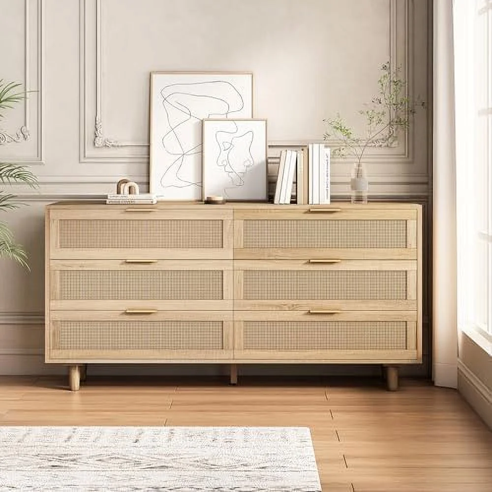 TJUNBOLIFE Rattan 6 Drawer Dresser  Wood Dresser Chest with Wide Rattan Drawers  Modern  Chest of Drawers for Bedroom Living Room Hallway Entryway  59 inches Wide (Natural Color)