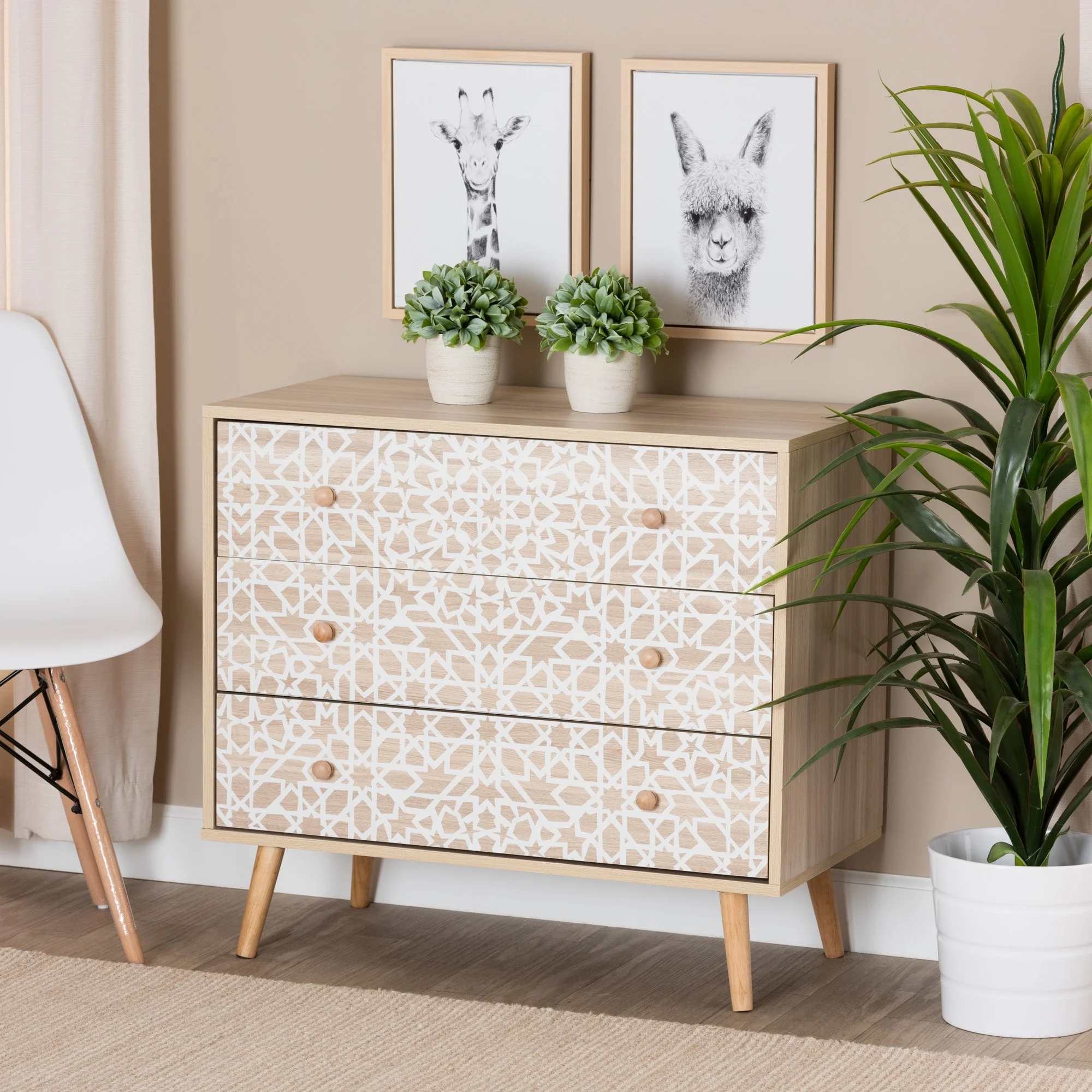 Baxton Studio Beau Mid-Century Modern Transitional Two-Tone White and Oak Brown Finished Wood 3-Drawer Storage Cabinet