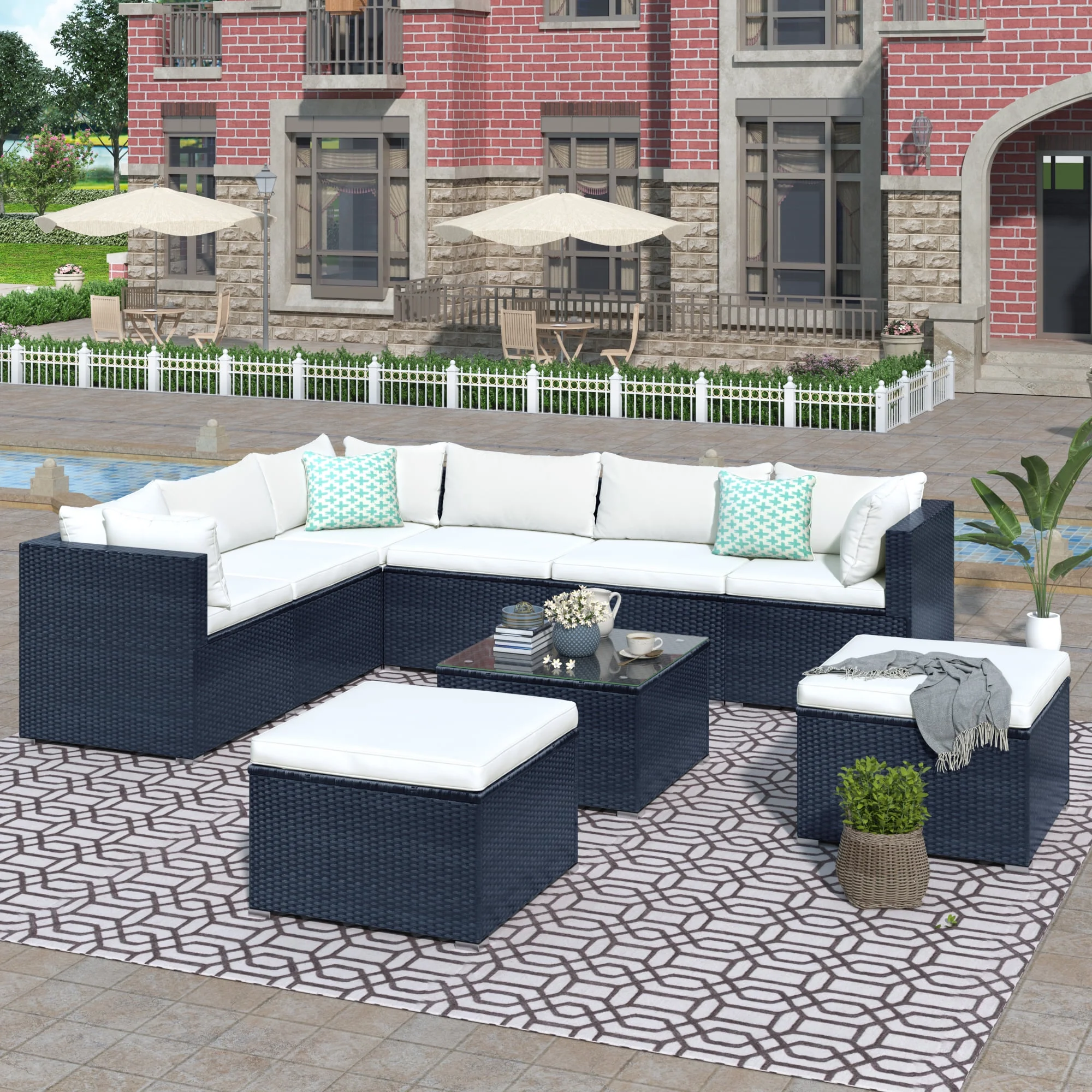 WANDOBAO 9 Pieces Patio Outdoor Furniture Set All-Weather Patio Conversation Wicker Outdoor Sectional Sofa with Furniture Cover (Black Wicker, Beige Cushion)