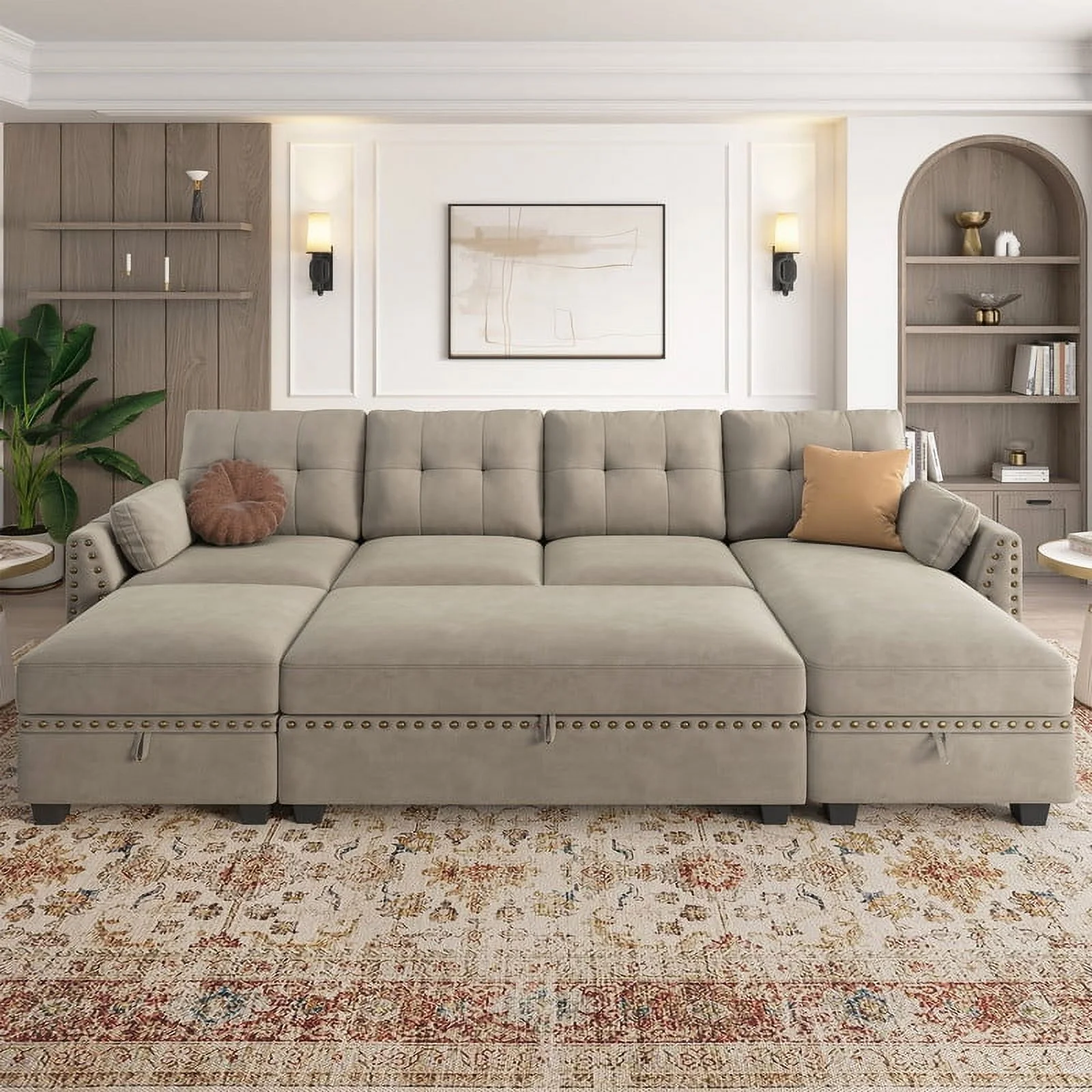 HONBAY Contemporary Velvet Convertible Sofa Bed Sleeper Sofa Couch with Storage and Reversible Chaises for Living Room, Peal Grey