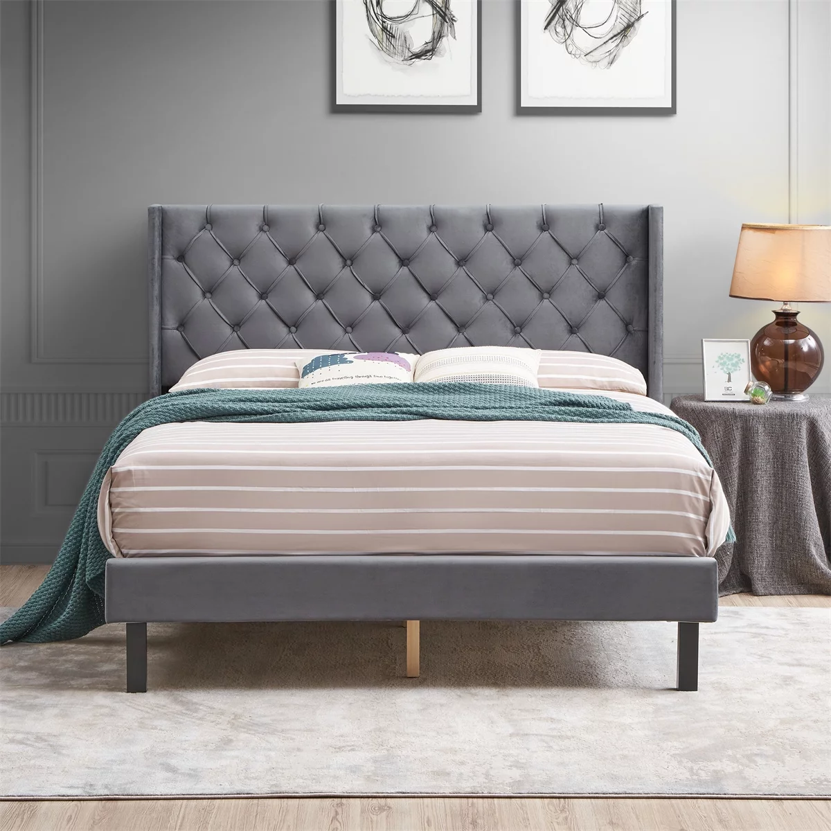 Queen Size Bed Frame with Upholstered Wingback Velvet Platform Bed Frame with Button Tufted Headboard,Sturdy Wooden Slats,No Box Spring Needed,Noise-Free,Easy Assembly
