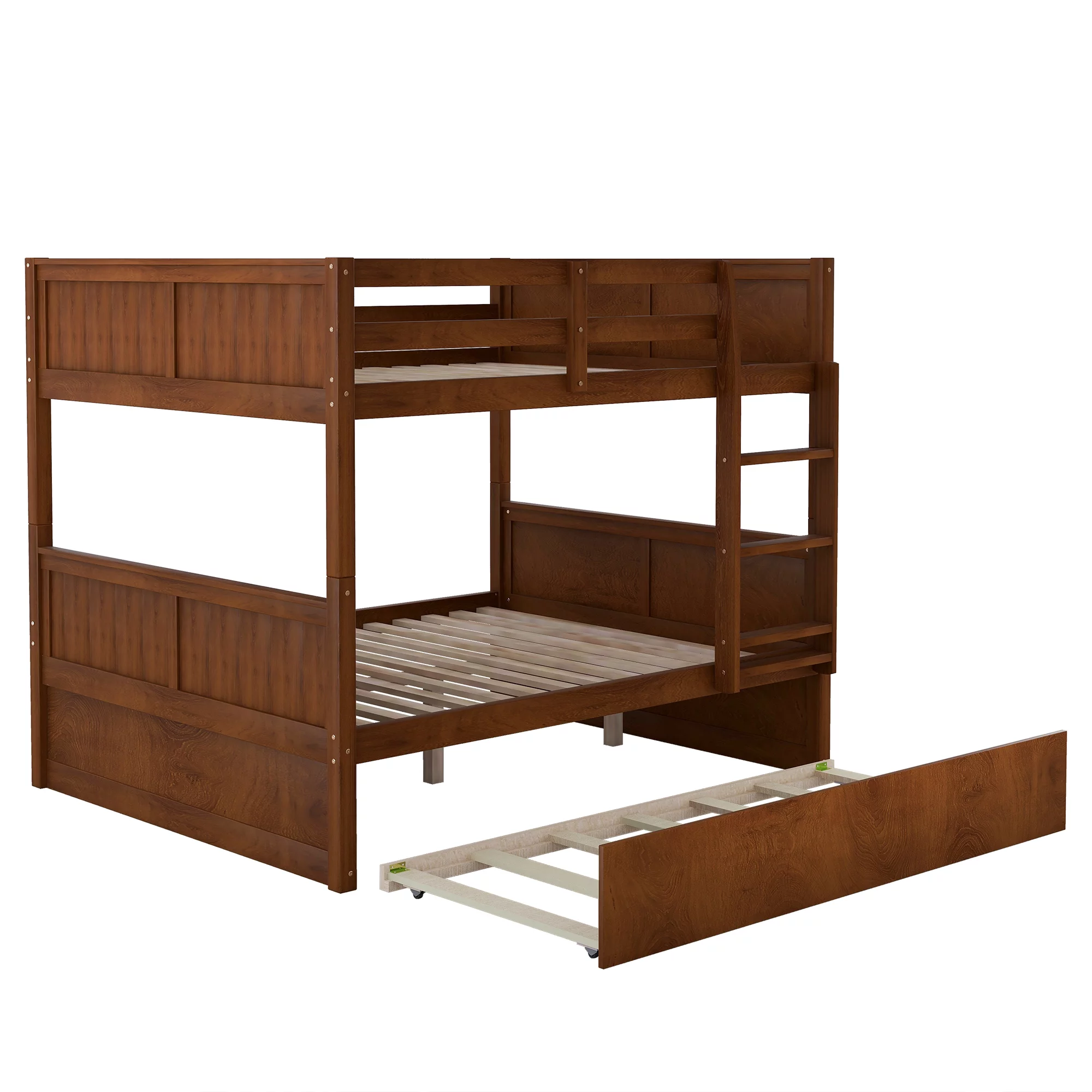 Solid Wood Full-Over-Full Bunk Bed with Twin Size Trundle, Reinforced Structure for Toddler Teens, Separable Bunk Bed with Trundle for Bedroom(Walnut)