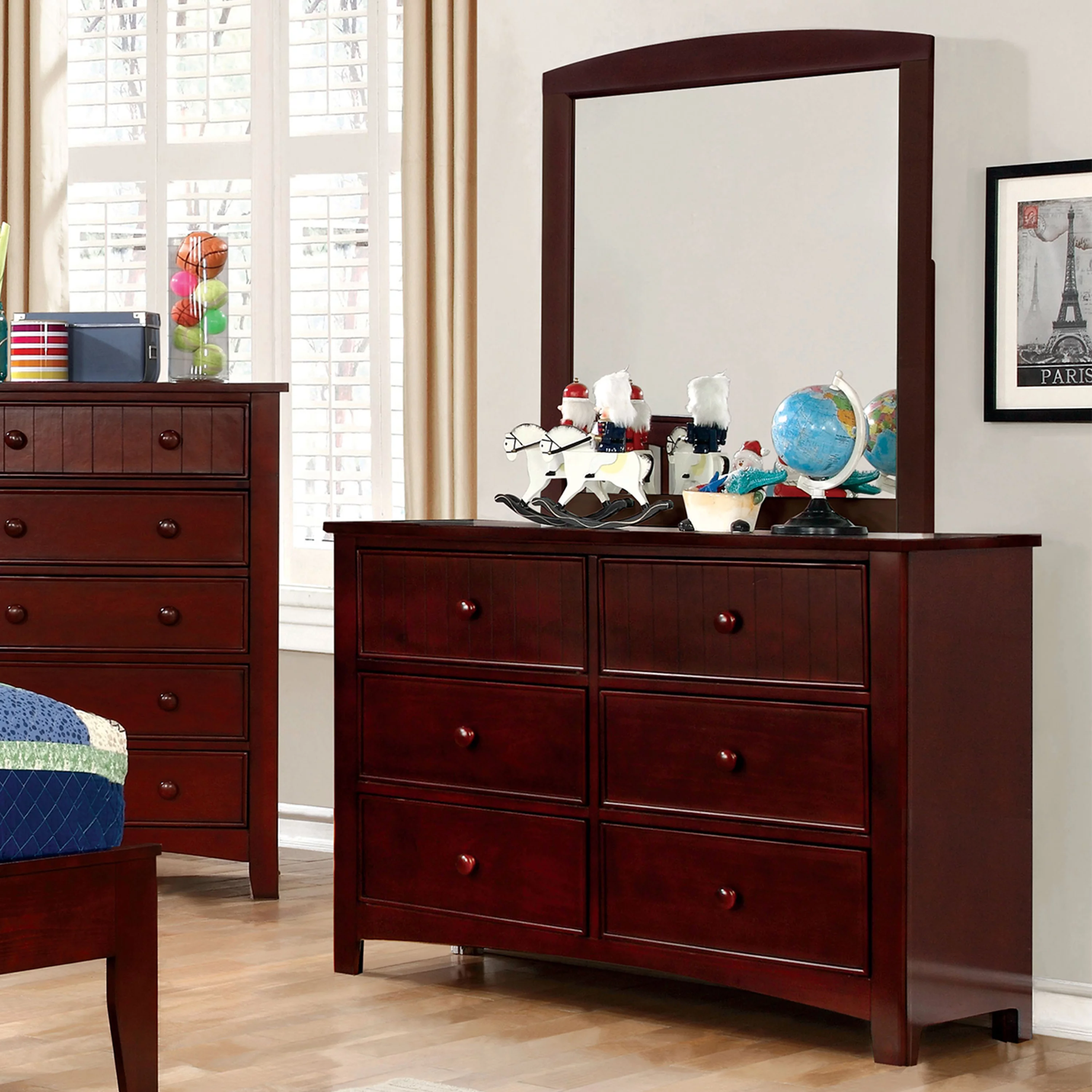 Furniture of America Geniet 2-Piece Dresser and Mirror Set, Cherry