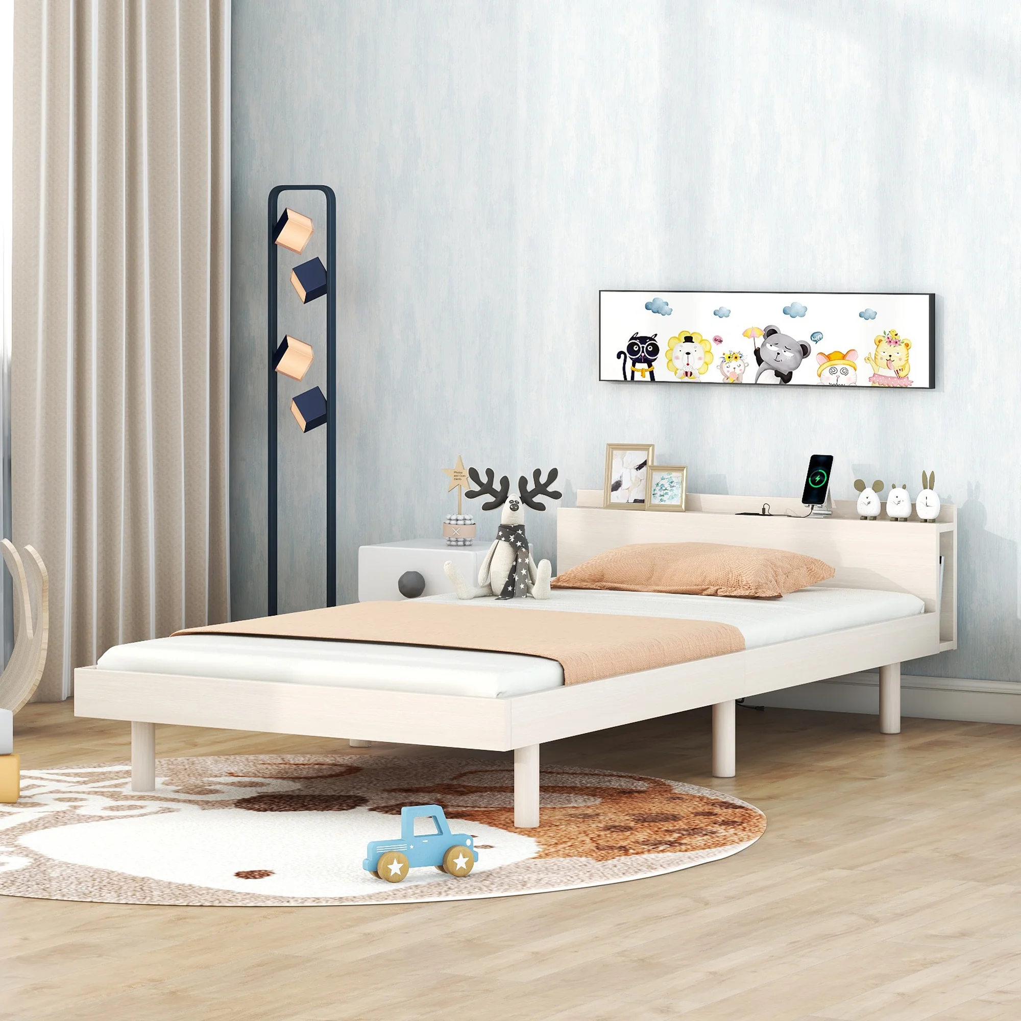 Dawn Whisper Modern Design Twin Size Platform Bed Frame with USB Ports for White Washed Color