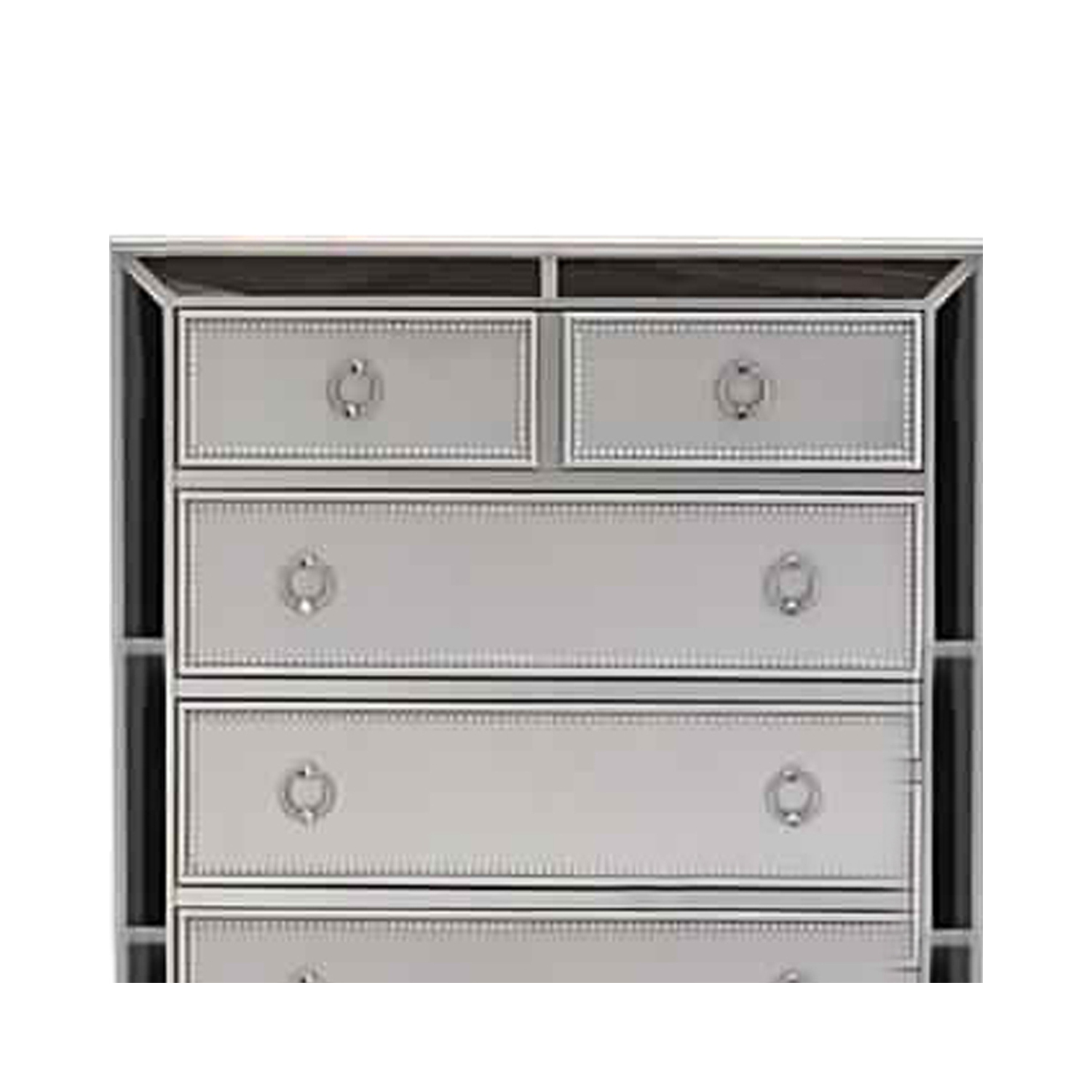 Benjara 5 Drawer Wooden Chest with Mirror Trim Accent and Ring Pulls, Silver