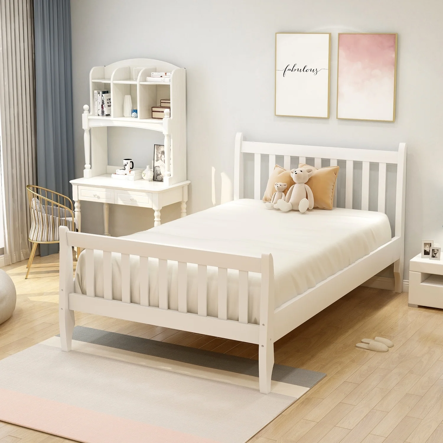 Nestfair Modern Farmhouse Style Pine Wood Twin Size Bed White