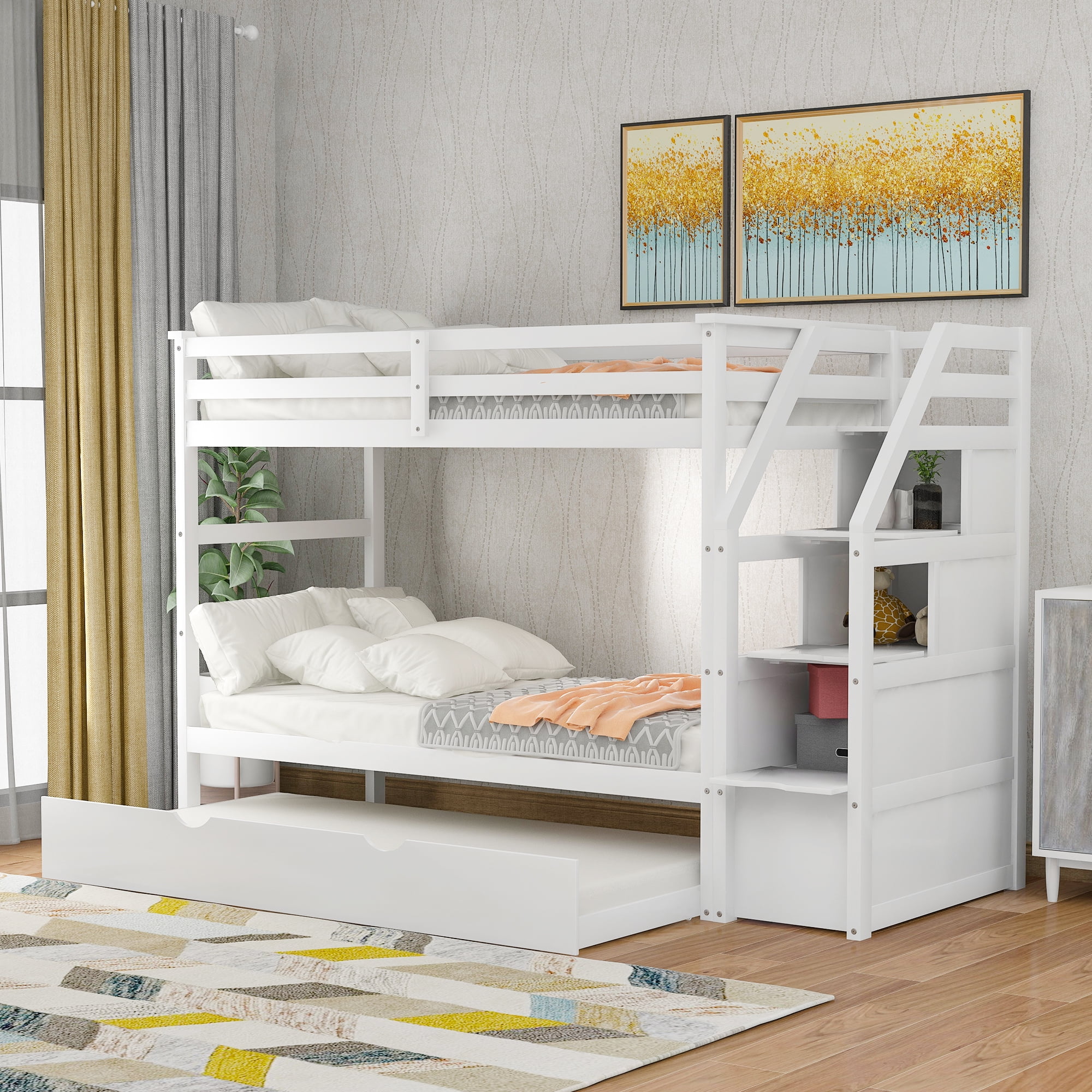 ikayaa Twin-Over-Twin Bunk Bed with Twin Size Trundle and 3 Storage Stairs,White