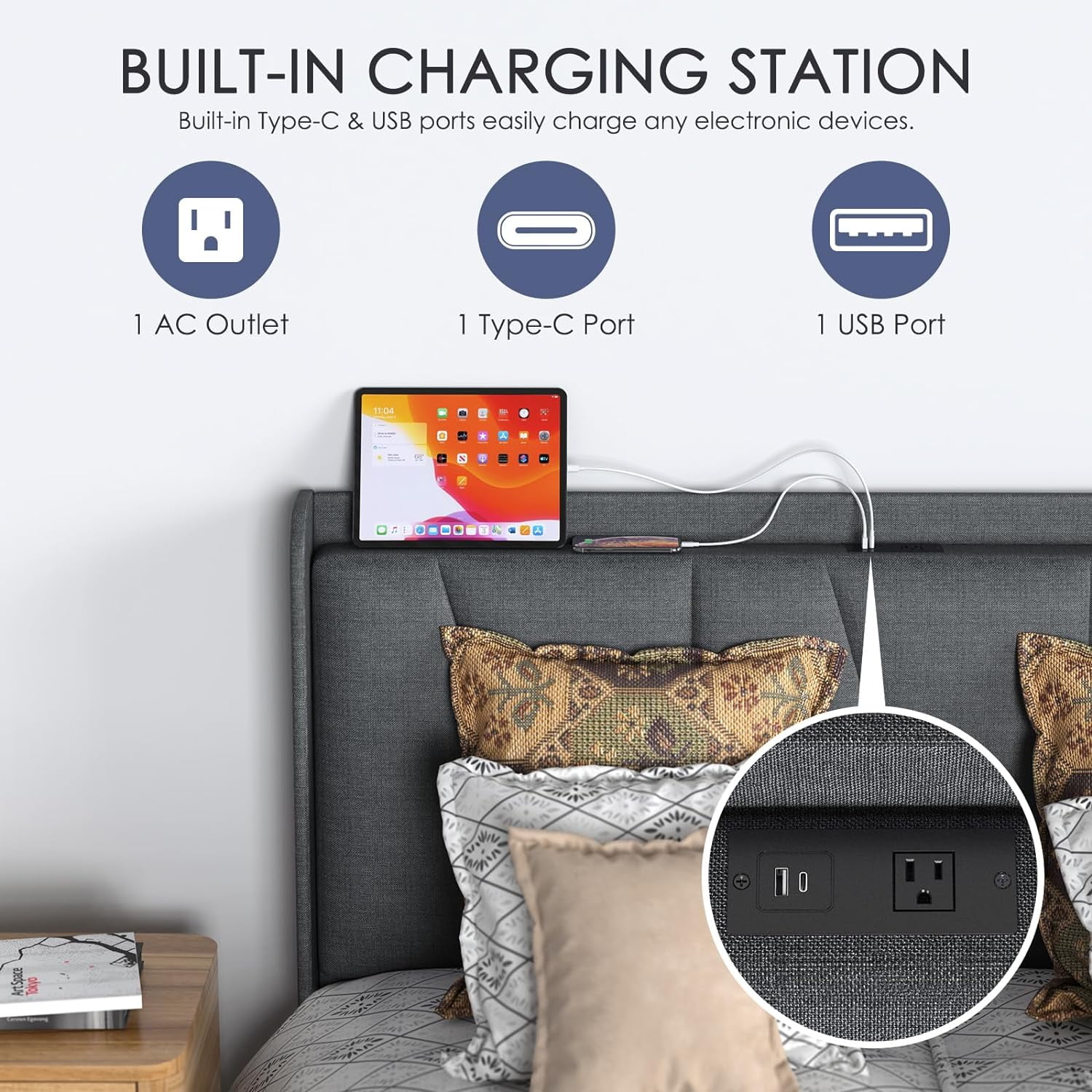 Upholstered Platform Bed Frame/Thickened Storage Headboard Mattress Foundation with Type-C & USB Ports and Wood Slat Support,Full/Queen Size Black