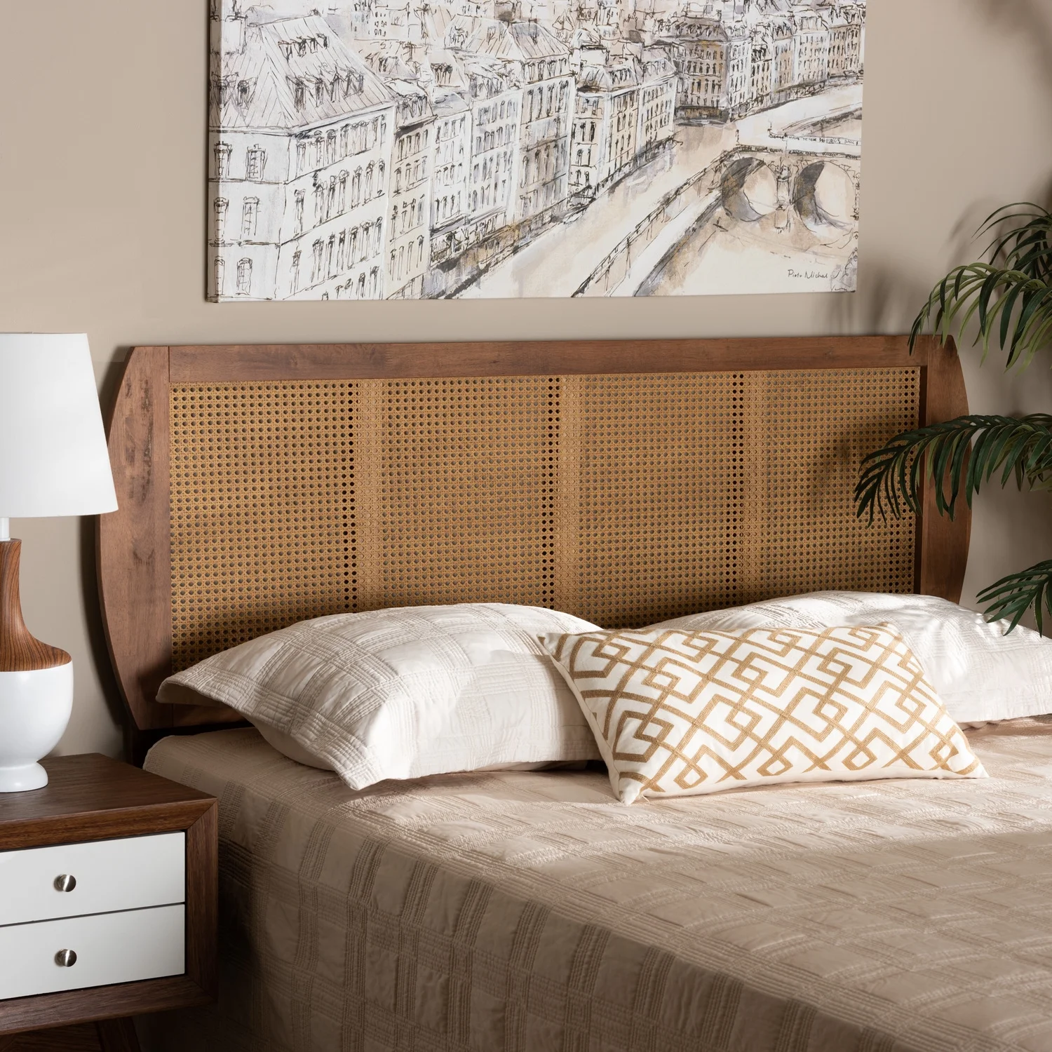 HomeStock Mid-Century Modern Ash Walnut Finished Wood And Synthetic Rattan Victorian Vintage Size Headboard
